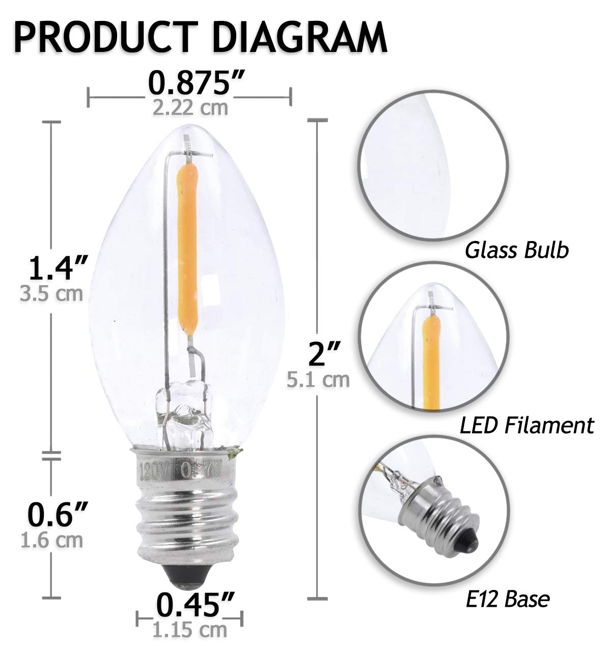 7W LED Night Light Bulbs - C7 E12 Candelabra Base, Warm White 2700K, 7-Watt Energy Efficient Bulbs for Chandeliers, Christmas Decor, Salt Lamps & Home Ambiance Lighting | Perfect for Bedrooms, Living Rooms & Holiday Decorations
