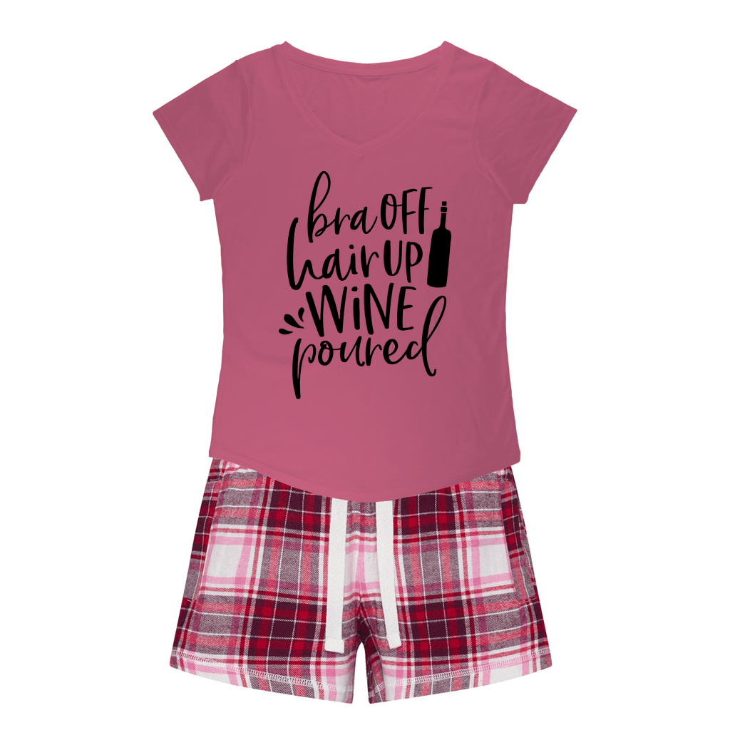 WineyBitches.Co Women's Funny Sleepy Tee & Flannel Shorts Set - 'Bra Off Hair Up Wine Poured' Slogan Graphic - Comfy Lounge & Sleepwear for Wine Lovers