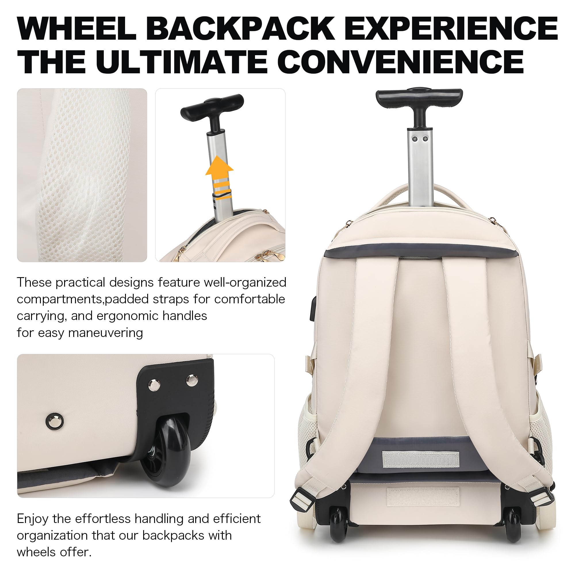 Boavan 17.3 Inch Rolling Backpack for Women - Wheeled Laptop Backpack with USB Charging Port, Waterproof Travel Carry-On Bag for College Students & Teachers, Business Overnight Luggage for Airplane (Beige) - Perfect for School, Work Commute & Business Trips