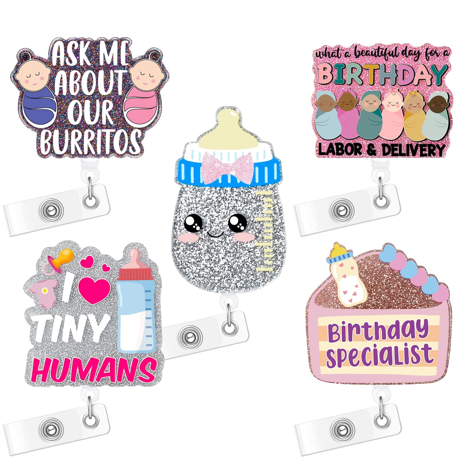 5 Pack Cute Acrylic Badge Reel with Retractable Lanyard - Funny ID Card Holder with Alligator Clip for Nurses, Teachers & Office Workers - Perfect for Hospitals, Schools & Corporate Events (Baby Theme)