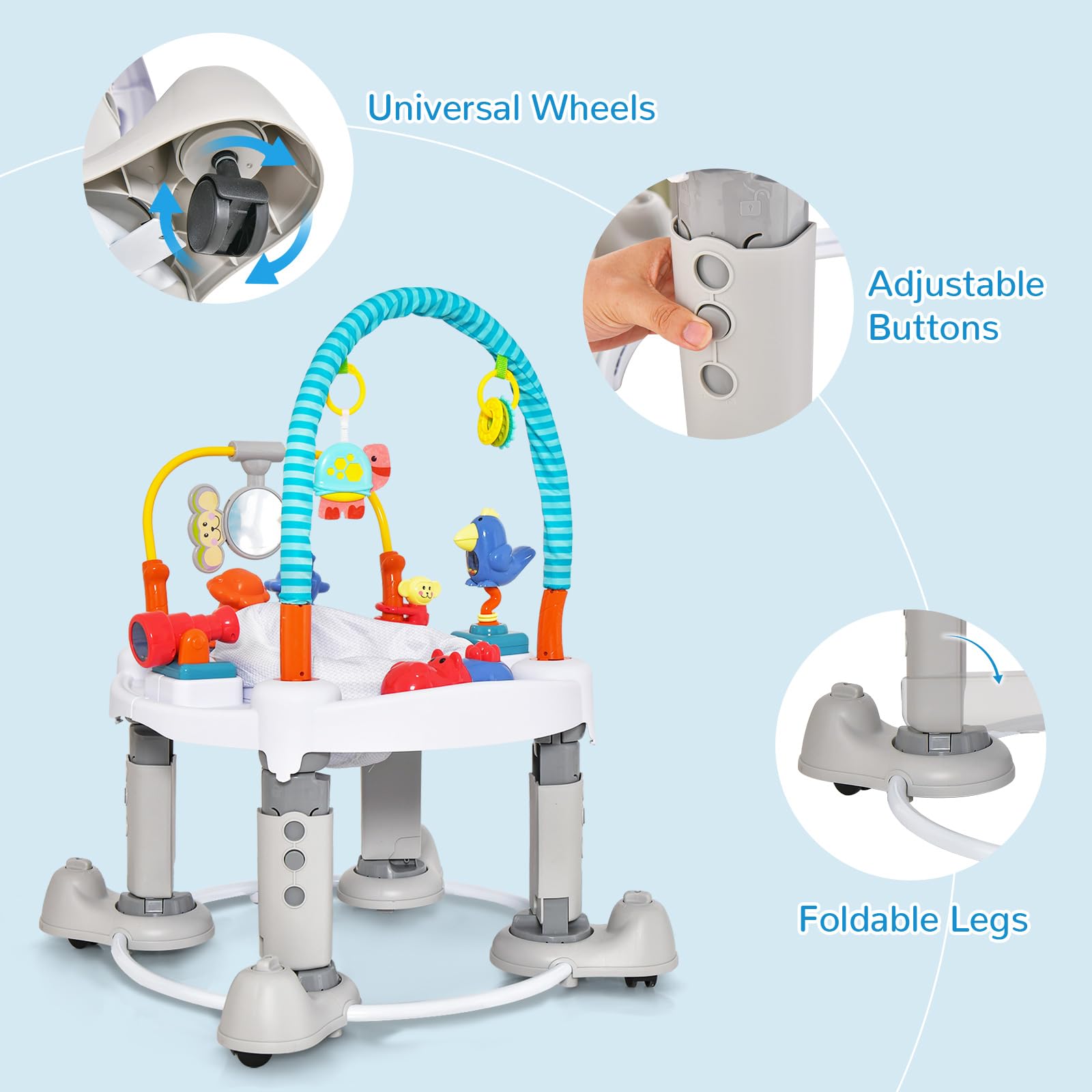 INFANS 5-in-1 Baby Bouncer Activity Center with 360° Rotating Seat - Adjustable Height Foldable Exersaucer, Learning Walker & Play Mat for Toddlers 6-24 Months - Perfect for Indoor Play, Early Development & Parent-Free Moments (Grey)