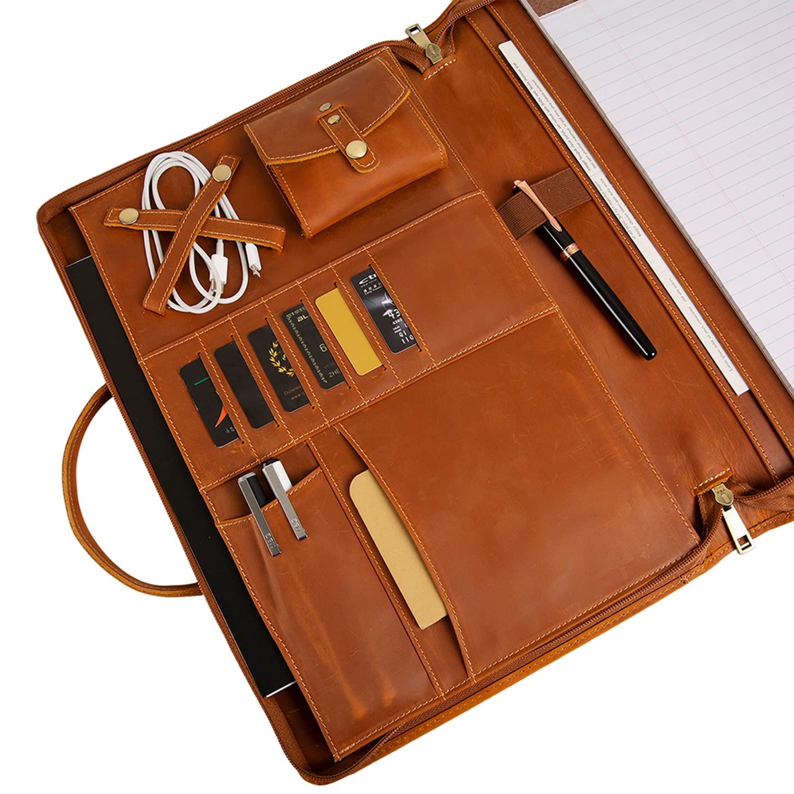 Premium Genuine Leather Portfolio Organizer with Handle & Zipper - Personalized Padfolio for Men & Women - Fits 15-inch Laptop & Legal Pad (Brown) - Ideal for Business Meetings, Office Work & Professional Presentations
