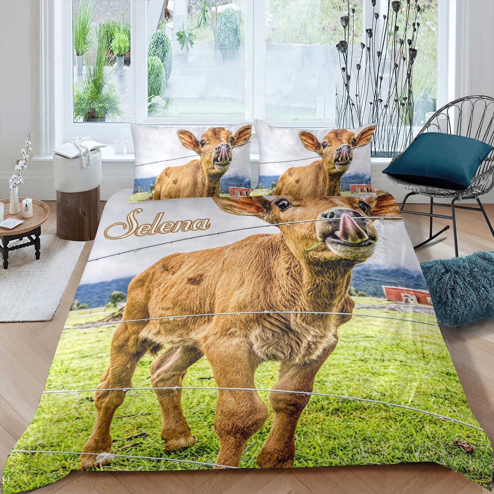 Personalized Brown Cow Print Duvet Cover Set with Name - Queen Size Bedding Set Includes 2 Pillowcases (Comforter Not Included) - Perfect for Kids' Rooms, Farmhouse Decor & Themed Bedrooms