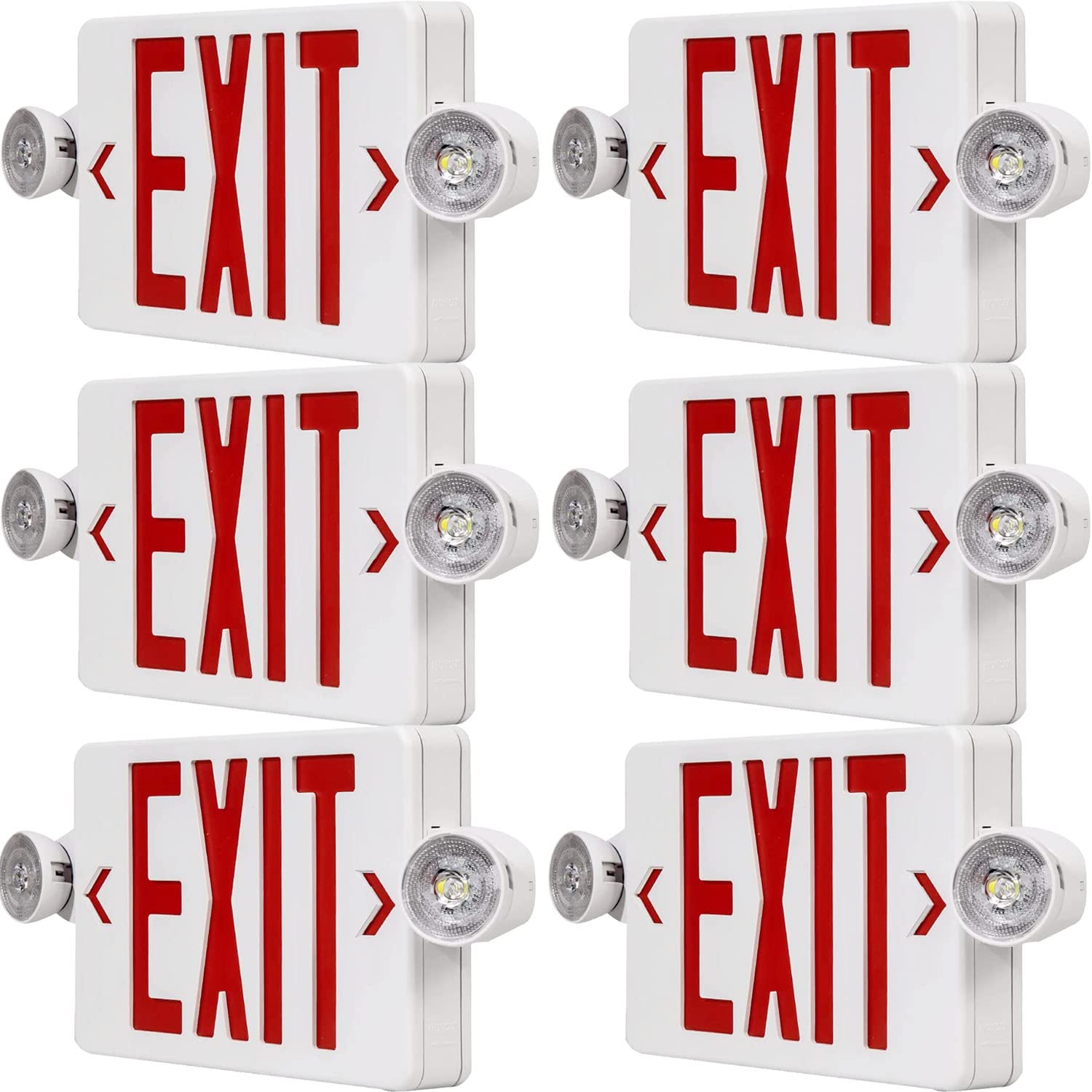 UL Listed LED Exit Sign with Emergency Lights & Battery Backup - 6-Pack Commercial Grade Red Exit Lighting, 120-277V AC, Fire Resistant with Two Adjustable Heads - Perfect for Offices, Warehouses, Schools & Public Buildings