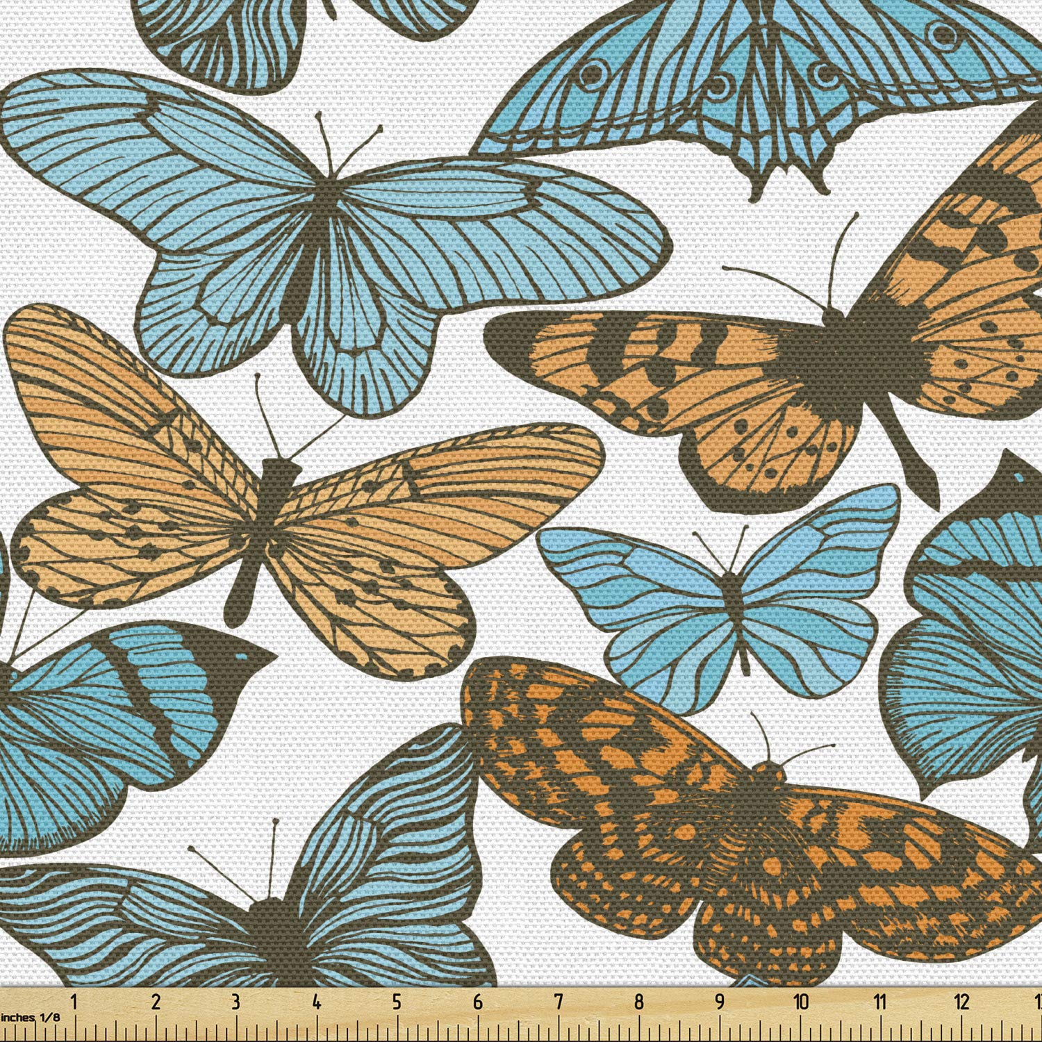 Ambesonne Vintage Butterfly Fabric by The Yard - Detailed Flying Insects Design, Spring Inspired Decorative Fabric for Upholstery, Curtains & Home Decor in Blue, Orange & Dark Sepia - Perfect for DIY Projects, Pillow Covers & Wall Hangings