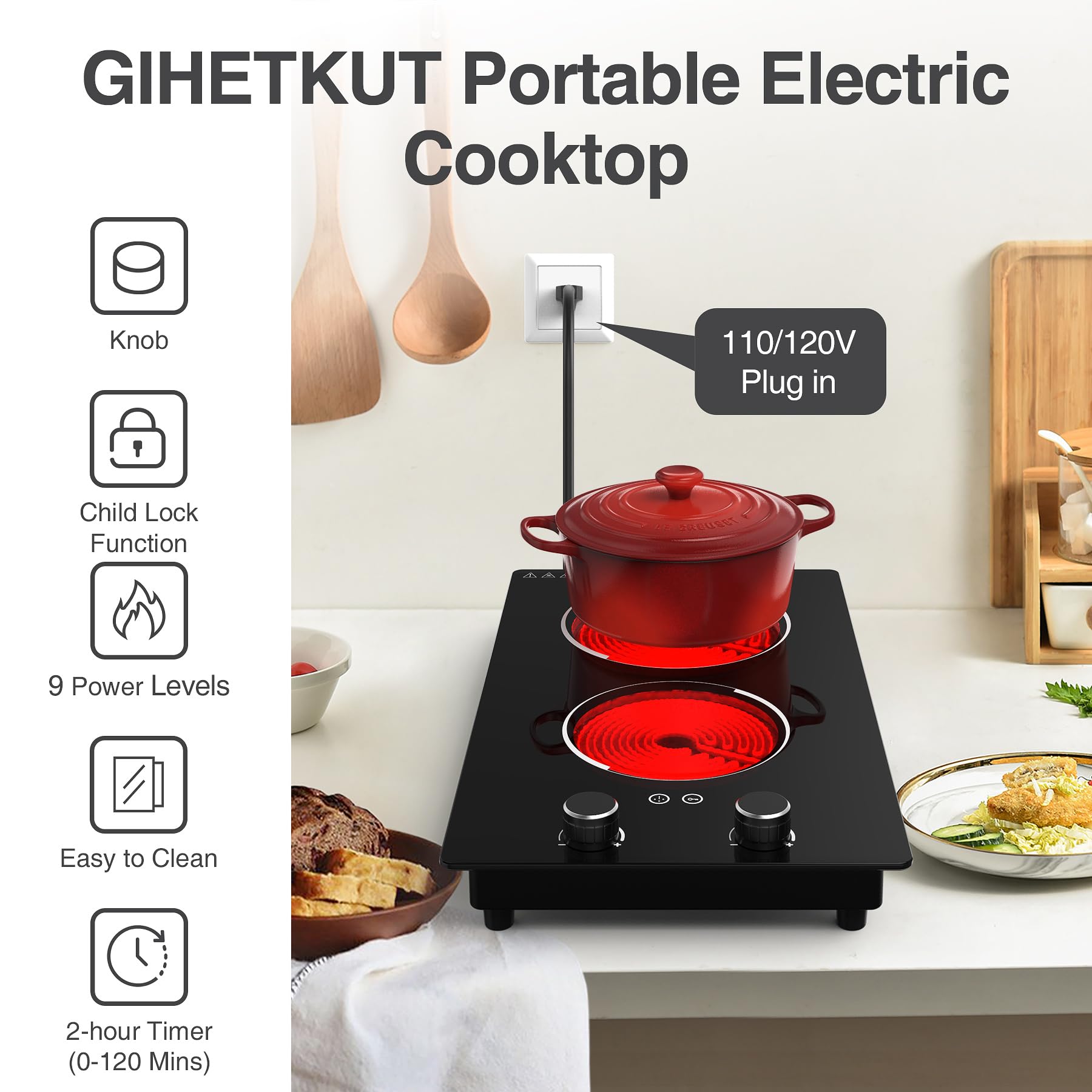 110V 2100W Electric Induction Cooktop with Knob Control - 10 Power Levels, Child Safety Lock, Timer & Overheat Protection - Built-in Radiant Double Burner for Fast Cooking - Perfect for Apartments, Dorms & Small Kitchens