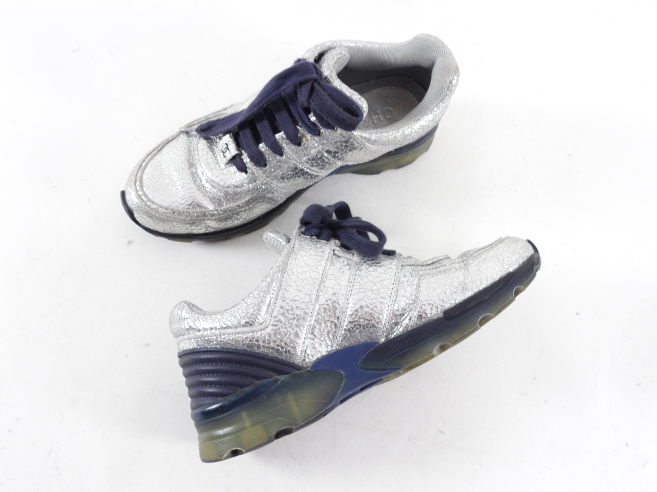 Chanel Silver Crackle Leather and Navy Sneakers Size 36 - Luxury Women's Fashion Sneakers for Casual Wear & Street Style