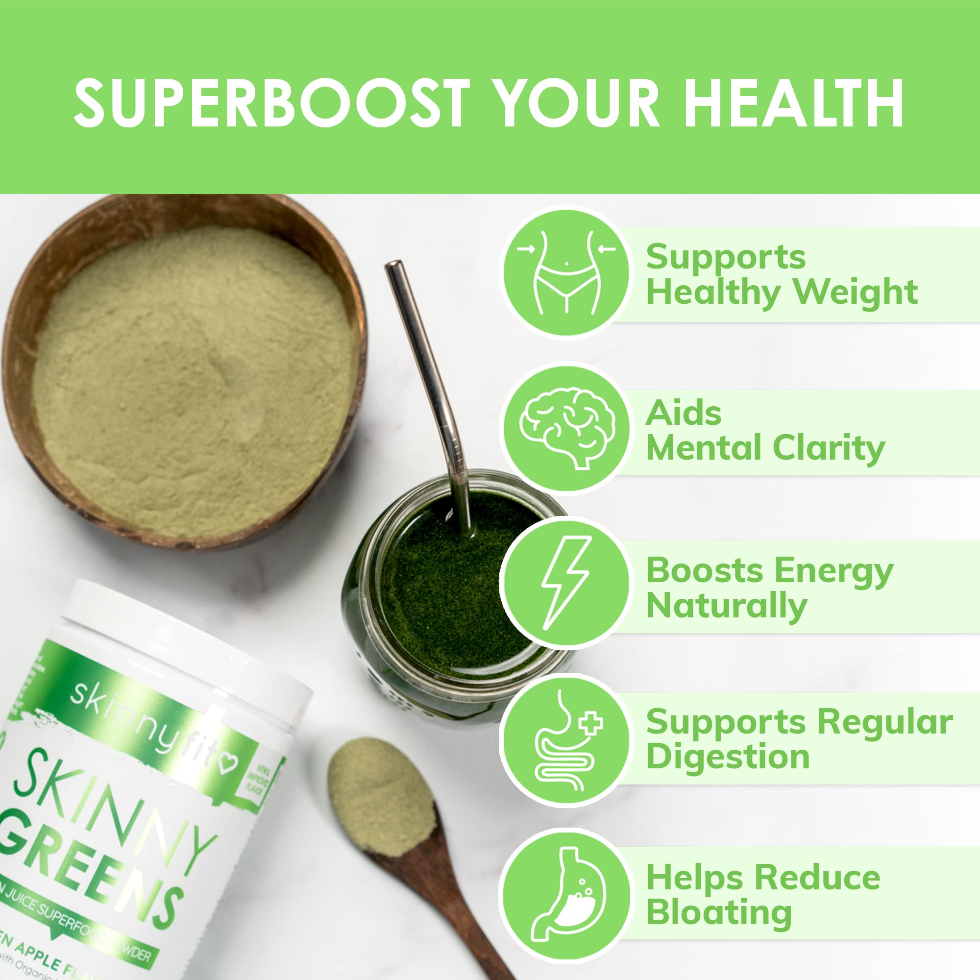 SkinnyFit Skinny Greens Superfood Powder - Green Apple Flavor with Spirulina & Chlorella | 30 Servings for Natural Energy & Focus | Perfect for Smoothies, Weight Management & Daily Detox