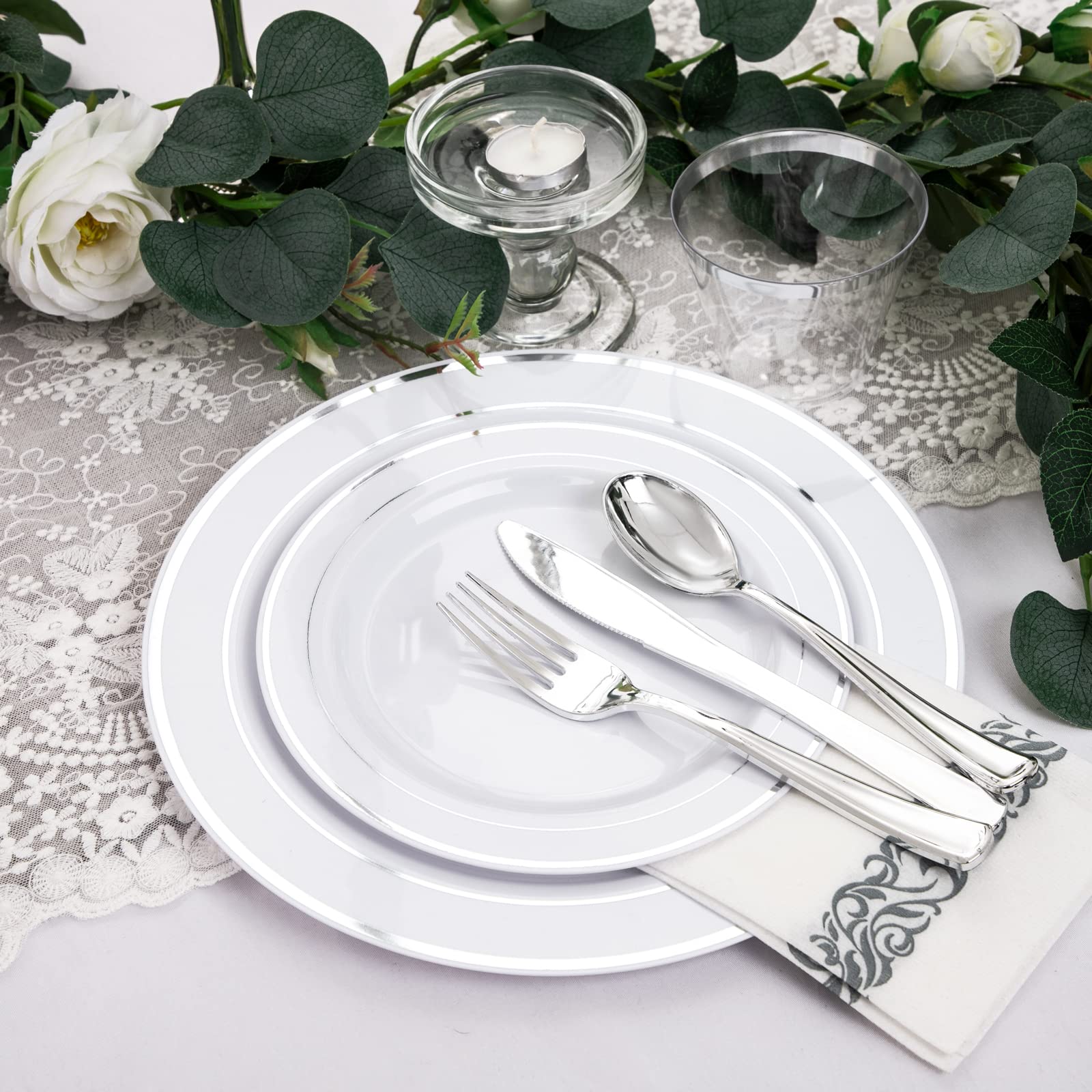 350PCS Silver Plastic Dinnerware Set for 50 Guests - Disposable Silver Plates, Forks, Knives, Spoons, Cups & Napkins for Party, Wedding, Christmas & Events | Elegant & Convenient Tableware Solution