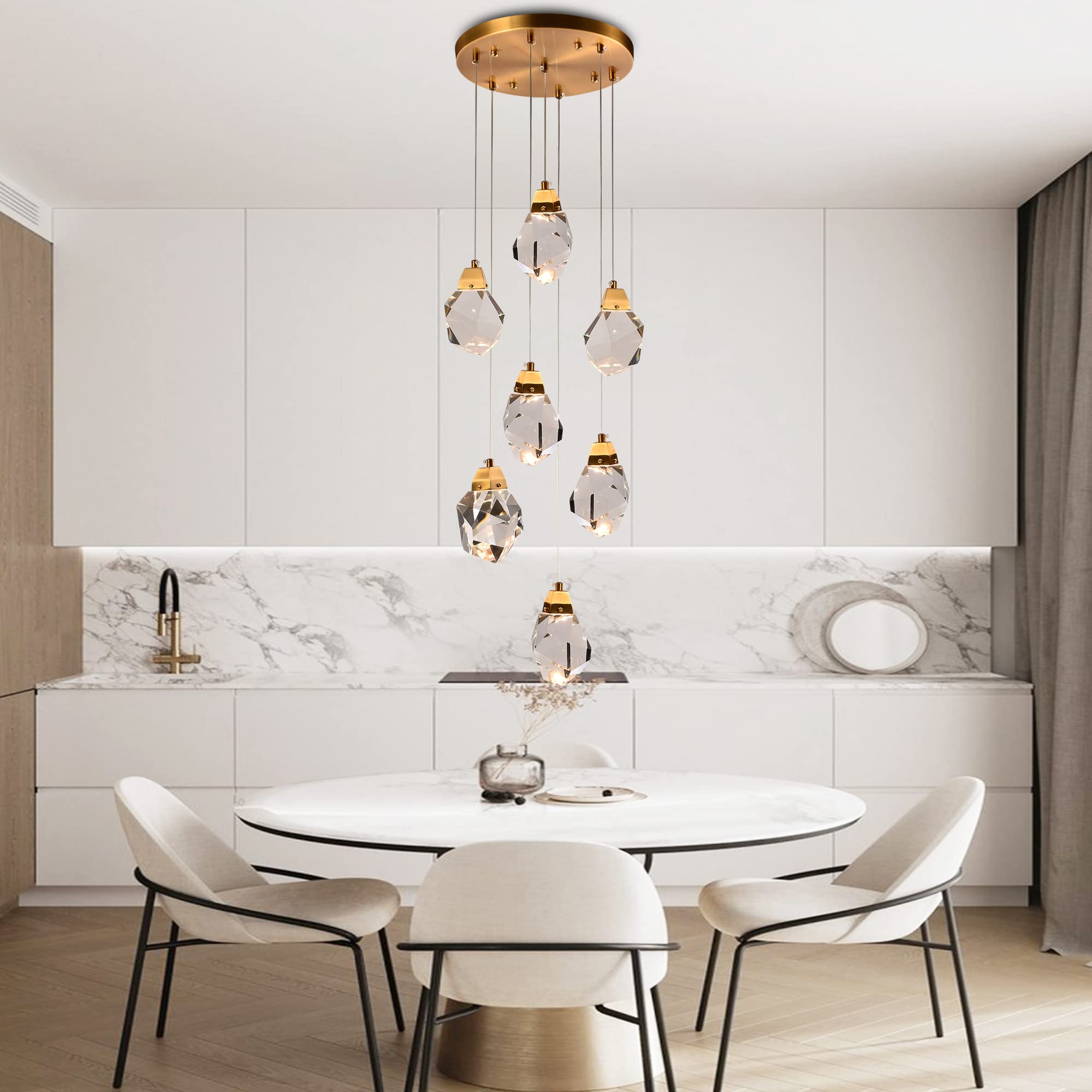7-Light Modern Brass Crystal Chandelier - 21W Dimmable LED Diamond Pendant Light Fixture for Living Room, Dining Room | Elegant Ceiling Lighting for Home Decor & Special Occasions
