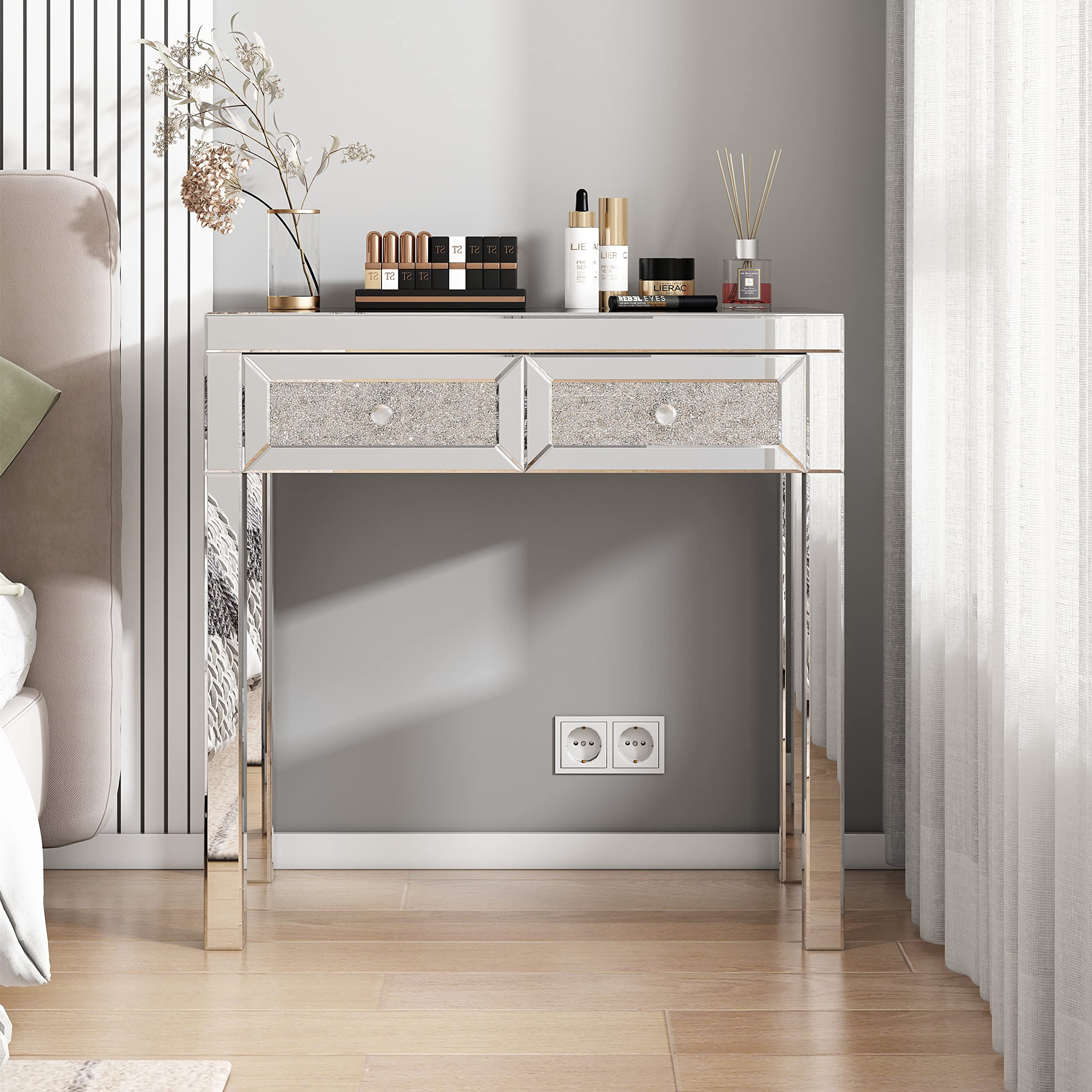 Mirrored Vanity Table with 2 Drawers - Elegant Makeup Dressing Desk & Home Office Writing Table for Women & Girls | Smooth Crystal Diamond Finish | Perfect for Bedroom, Entryway & Modern Home Decor