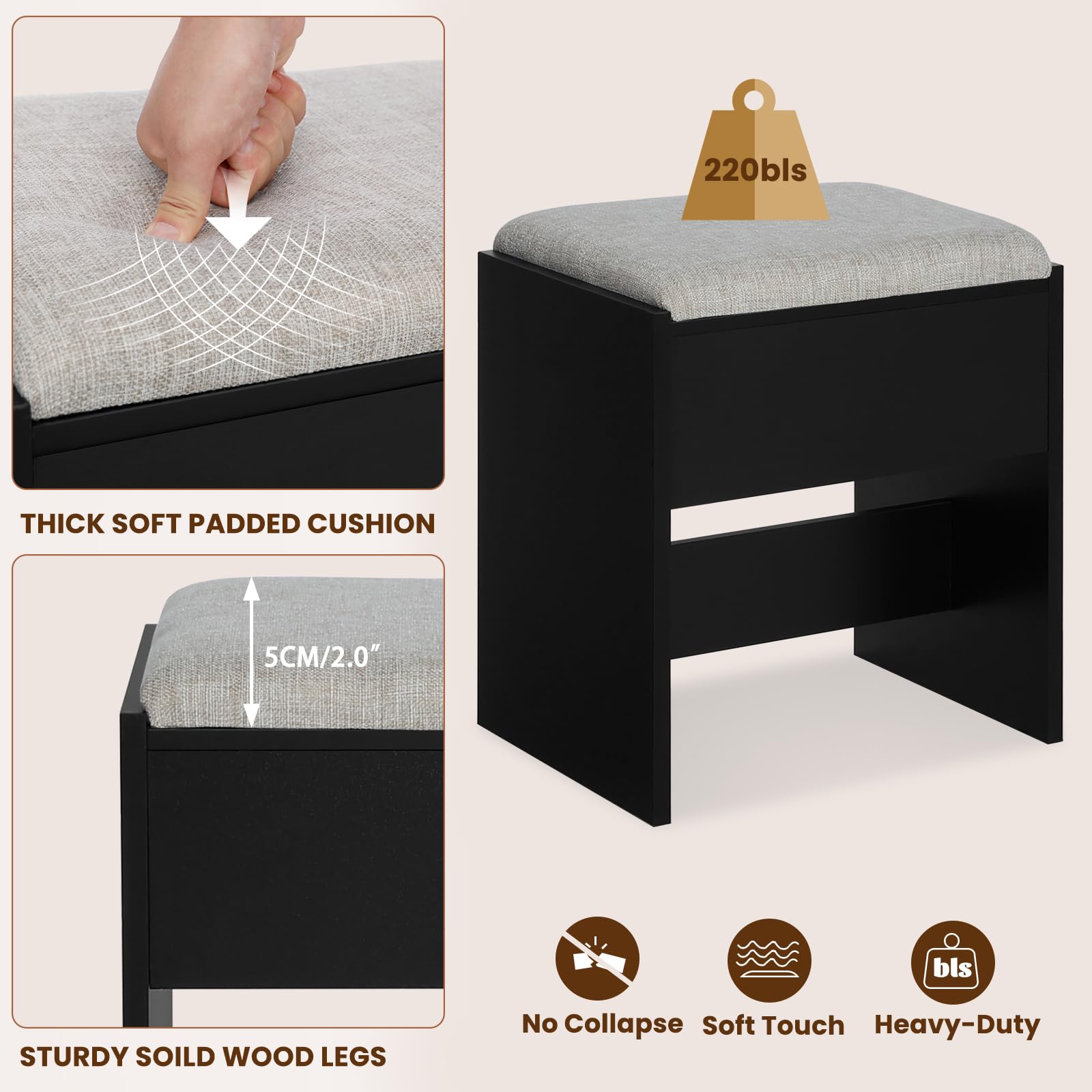 Quimoo Vanity Desk with Mirror & 10 LED Lights - Makeup Vanity Set with Charging Station, 4 Drawers & Shelves - Vanity Table with Cushioned Stool for Bedroom, Black - Perfect for Makeup Application, Skincare Routine & Home Decor