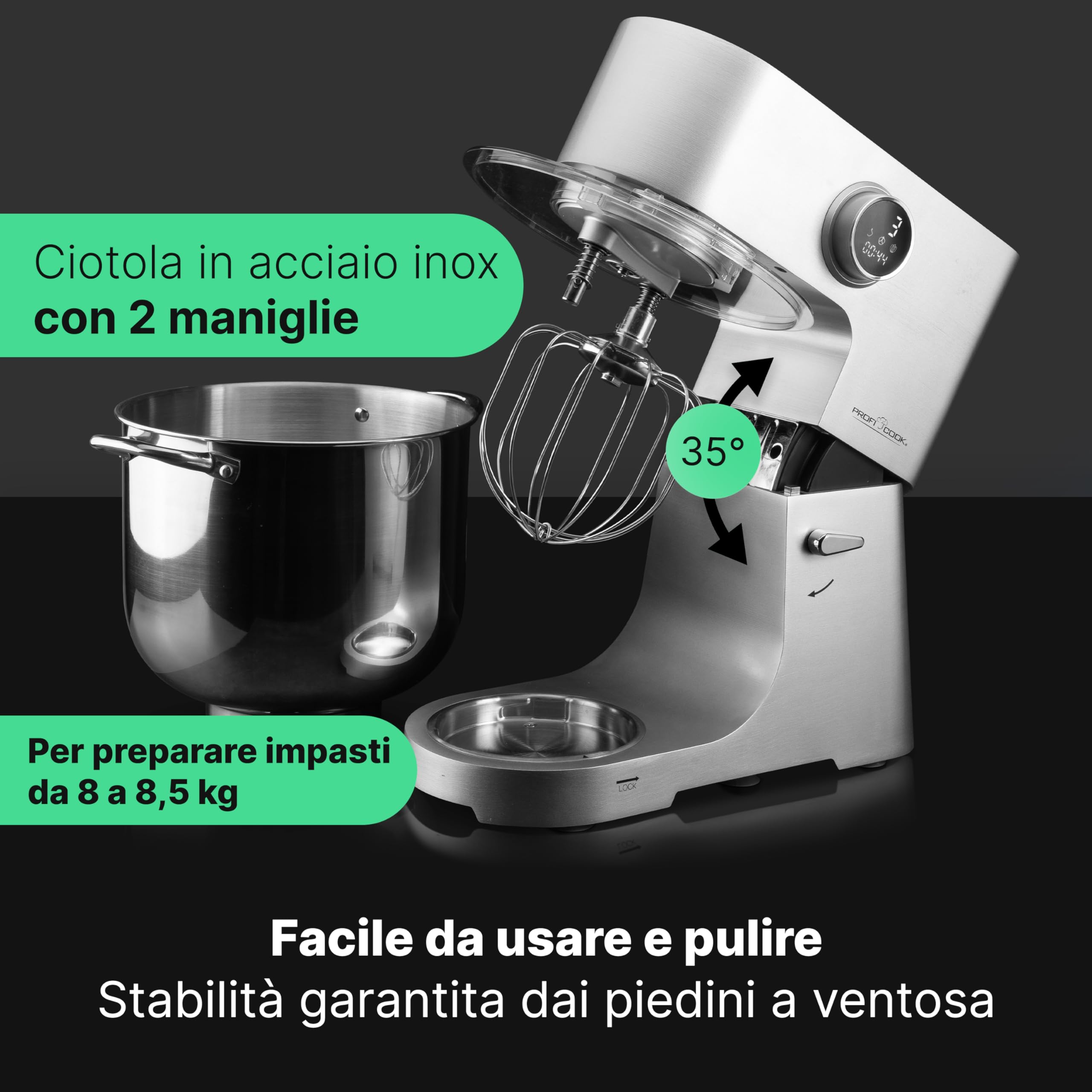ProfiCook® 12L XXL Stainless Steel Food Processor with 2500W Longlife Motor | Heavy-Duty Dough Mixer with Metal Gears & LED Display | Handles Up to 8.5kg Dough | Perfect for Baking, Pizza Making & Large Batch Cooking (PC KM 1254)