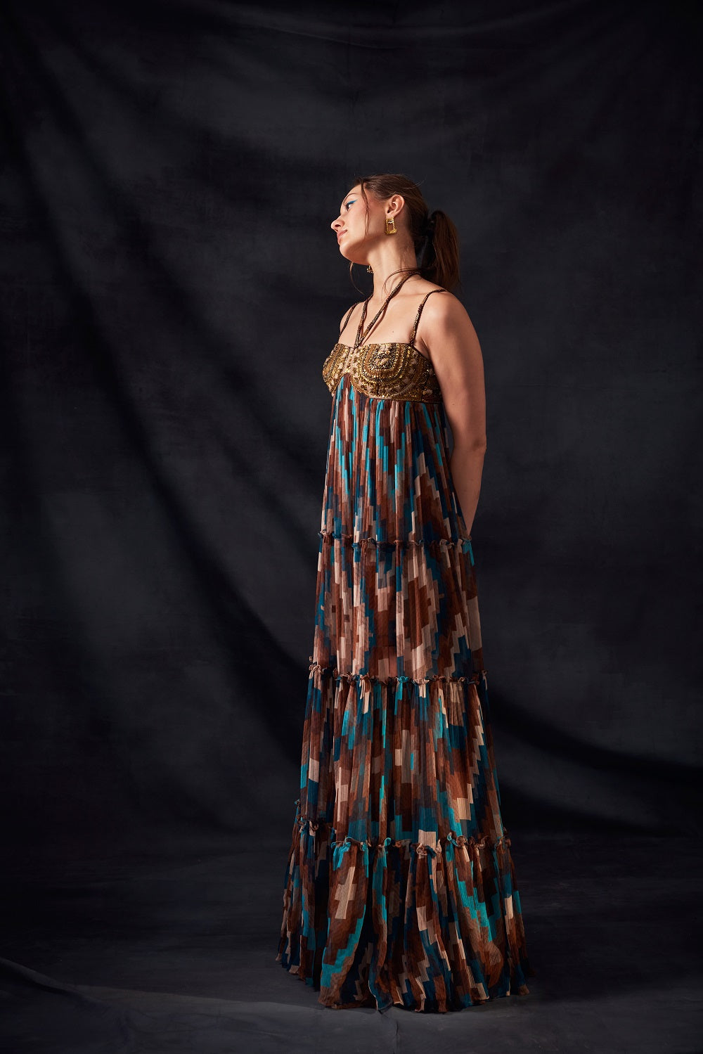 Turquoise Grid Print Maxi Dress with Aged Gold Embroidery - Boho Chic Summer Beach Dress for Vacation & Party Wear