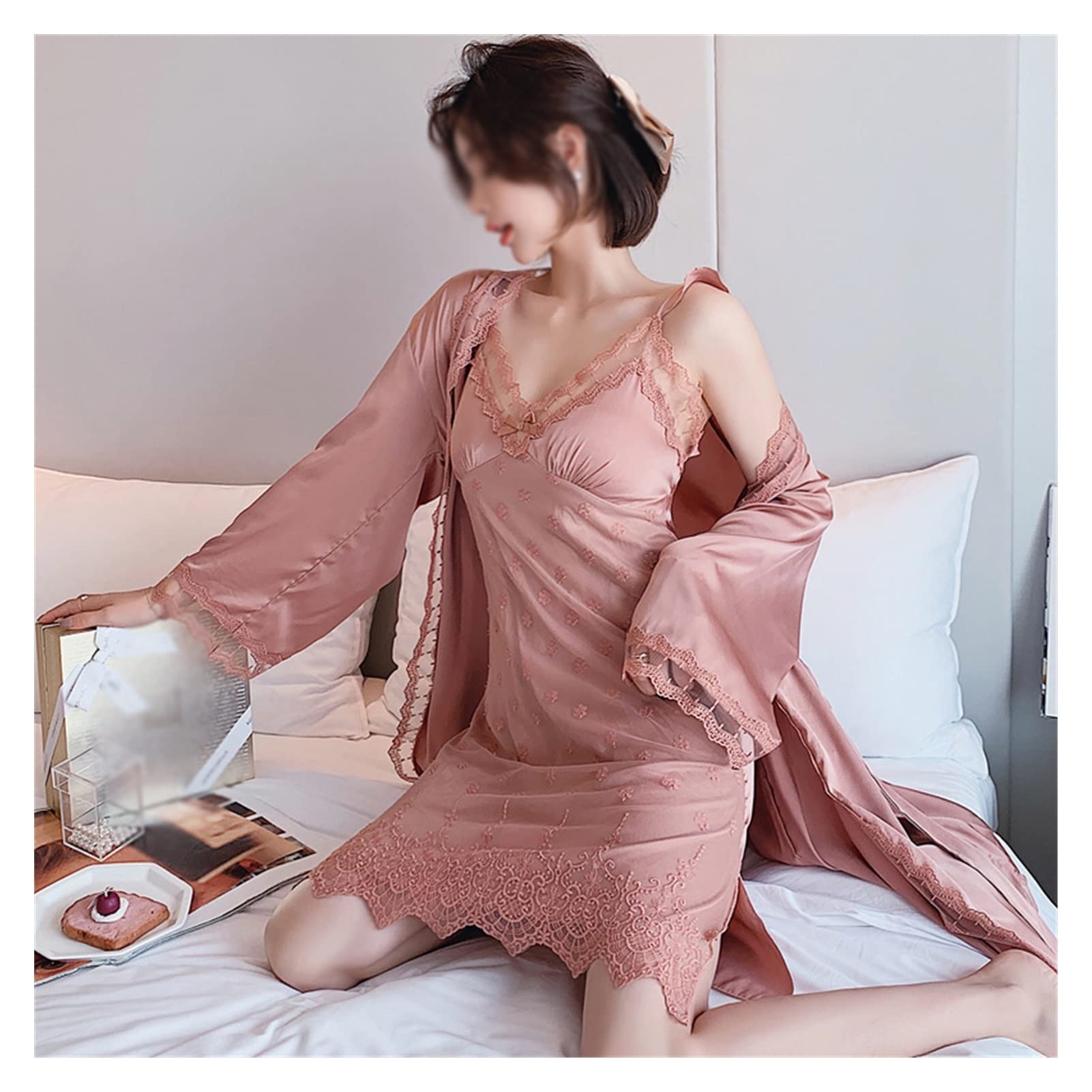 Silk Nightgown Set for Women - 2 Piece Robe & Pajama Sleepwear - Sexy Lace Kimono & Bathrobe (Color B, Size M) | Perfect for Romantic Evenings, Bridal Shower Gifts & Luxury Home Relaxation