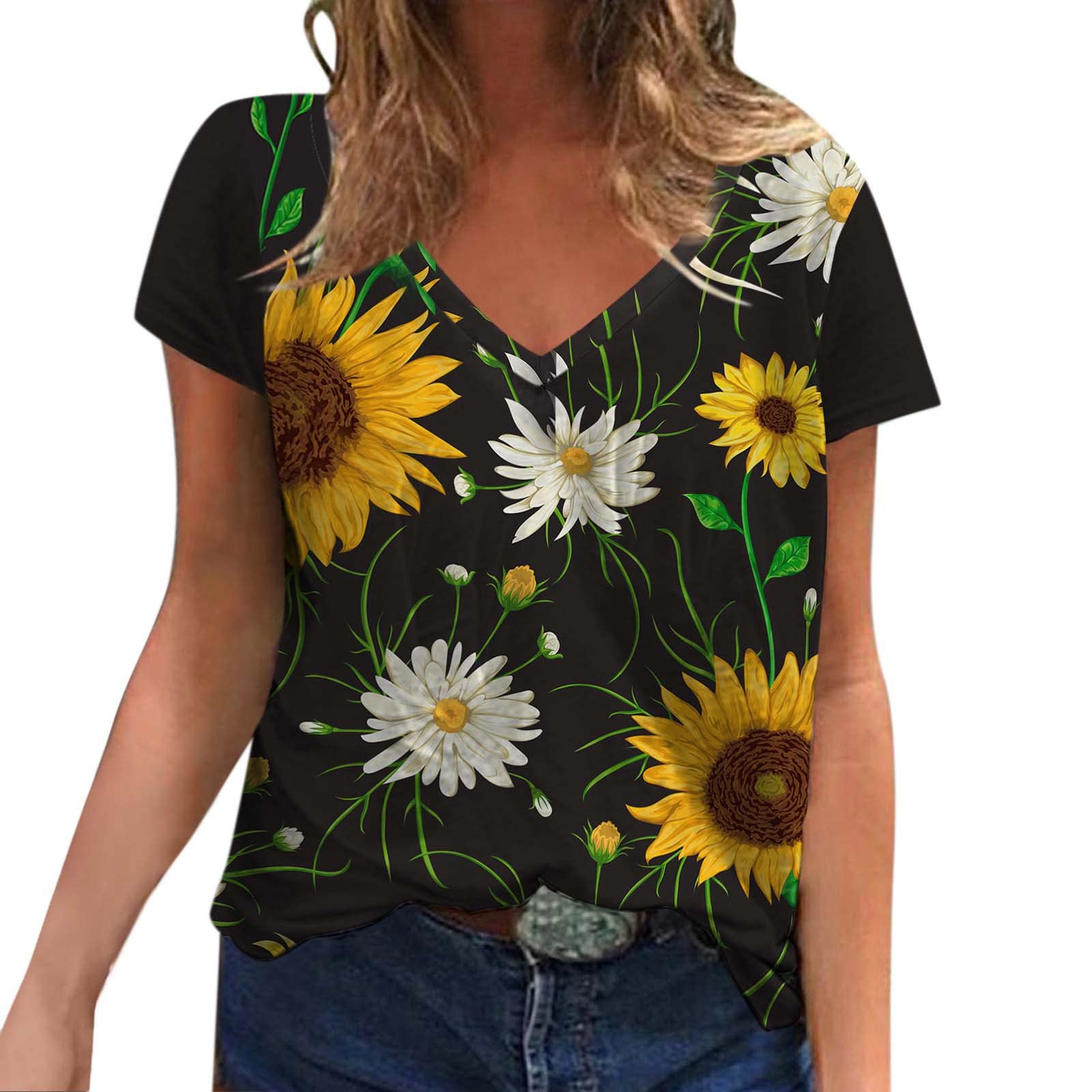 Women's Black Sleeveless Summer Top - Casual V-Neck Loose Short Sleeve Sunflower Floral Print T-Shirt Blouse | Perfect for Beach Outings, Picnics & Casual Wear
