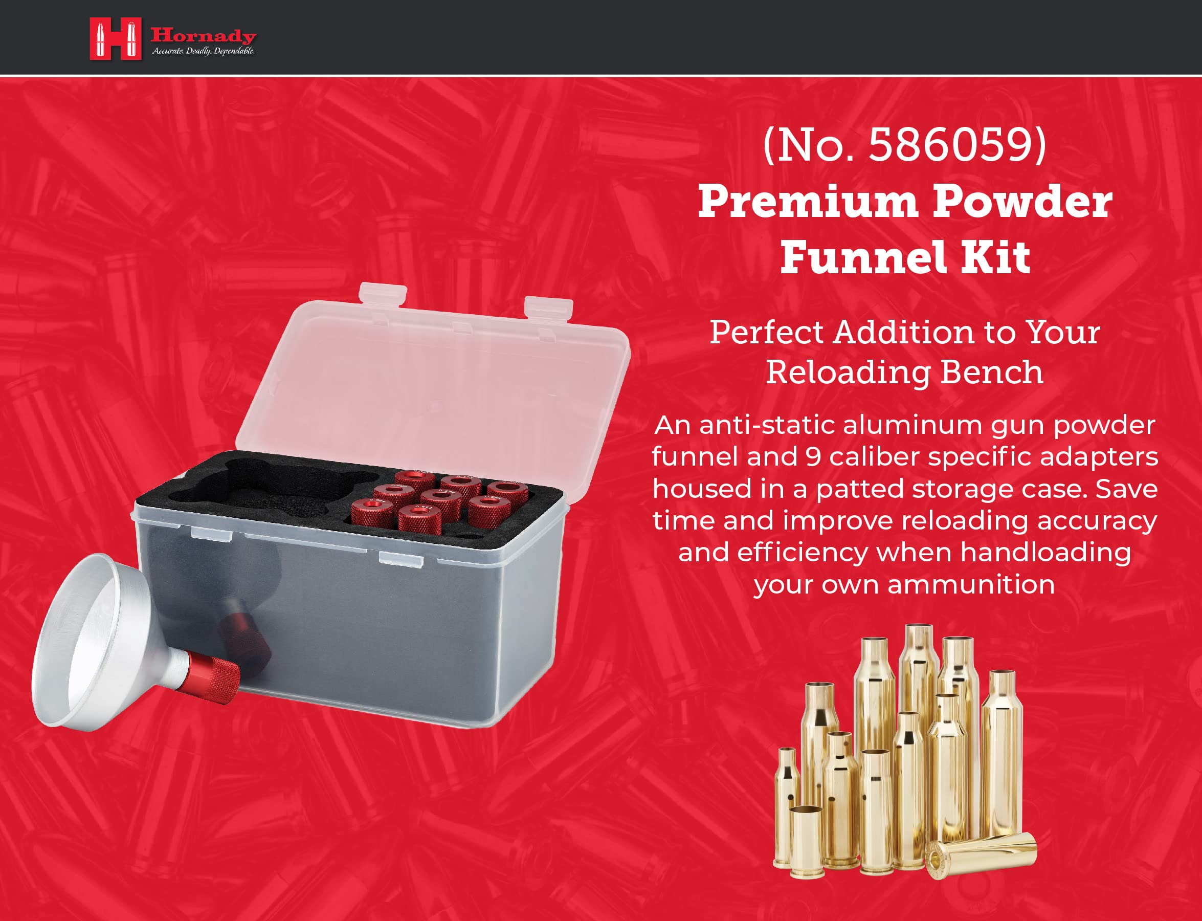 Hornady Premium Powder Funnel Kit 586059 - High Capacity Anti-Static Aluminum Powder Funnel for Reloading - Includes 9 Caliber Specific Adapters & Storage Case - Perfect for Ammo Reloading, Gun Cleaning & Shooting Range Maintenance