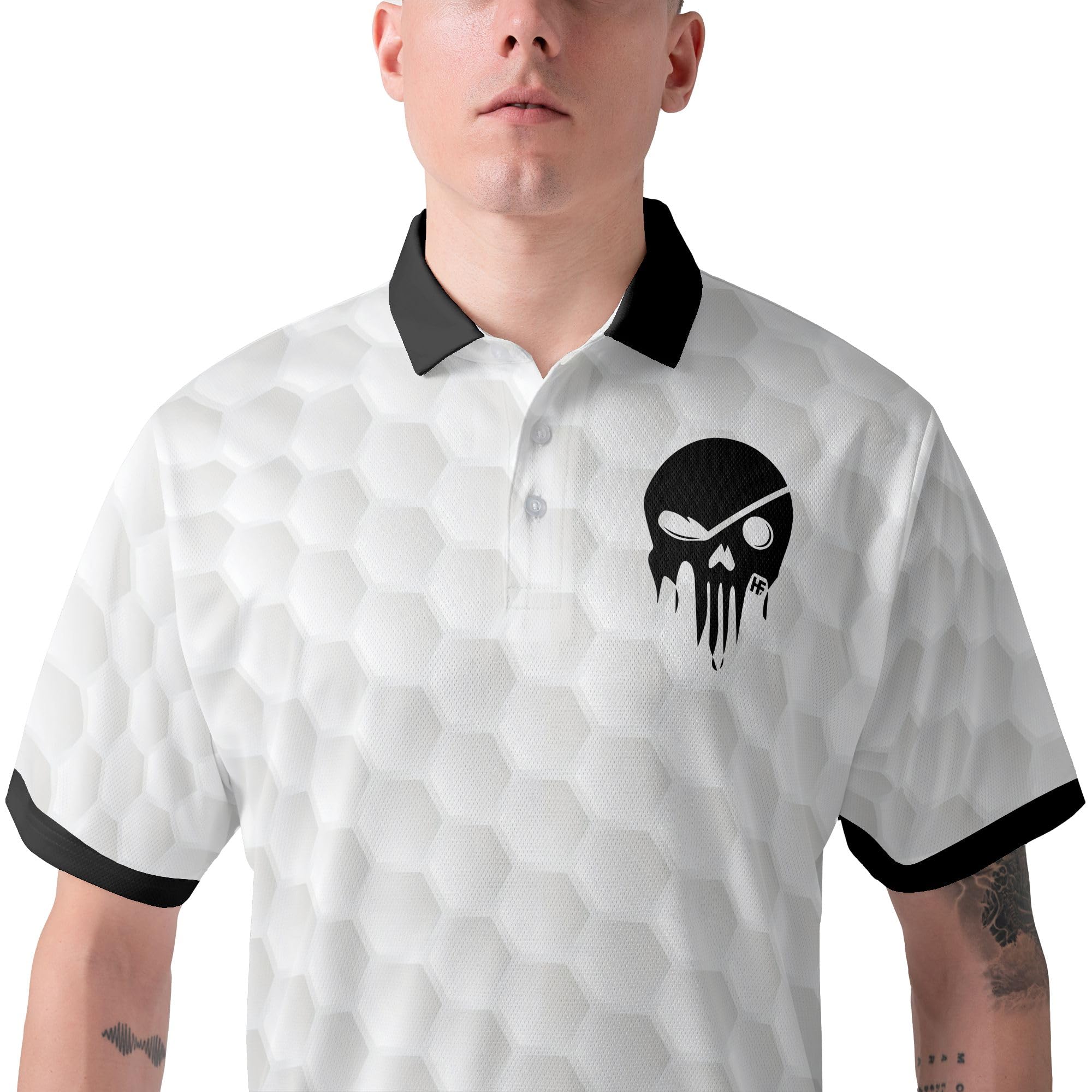 HYPERFAVOR Men's Black & White Skull Print Quick-Dry Golf Polo Shirt - Breathable Short Sleeve Performance Shirt for Golfing, Casual Wear & Outdoor Activities