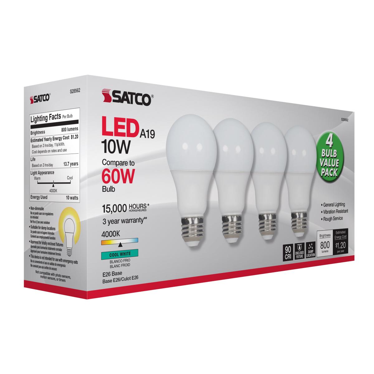 Energy Efficient A19 LED Light Bulb - 60W Equivalent, 10W, 800 Lumens, 4000K Daylight White, E26 Medium Base, Frosted Finish (4-Pack) - Perfect for Home, Office & Commercial Lighting