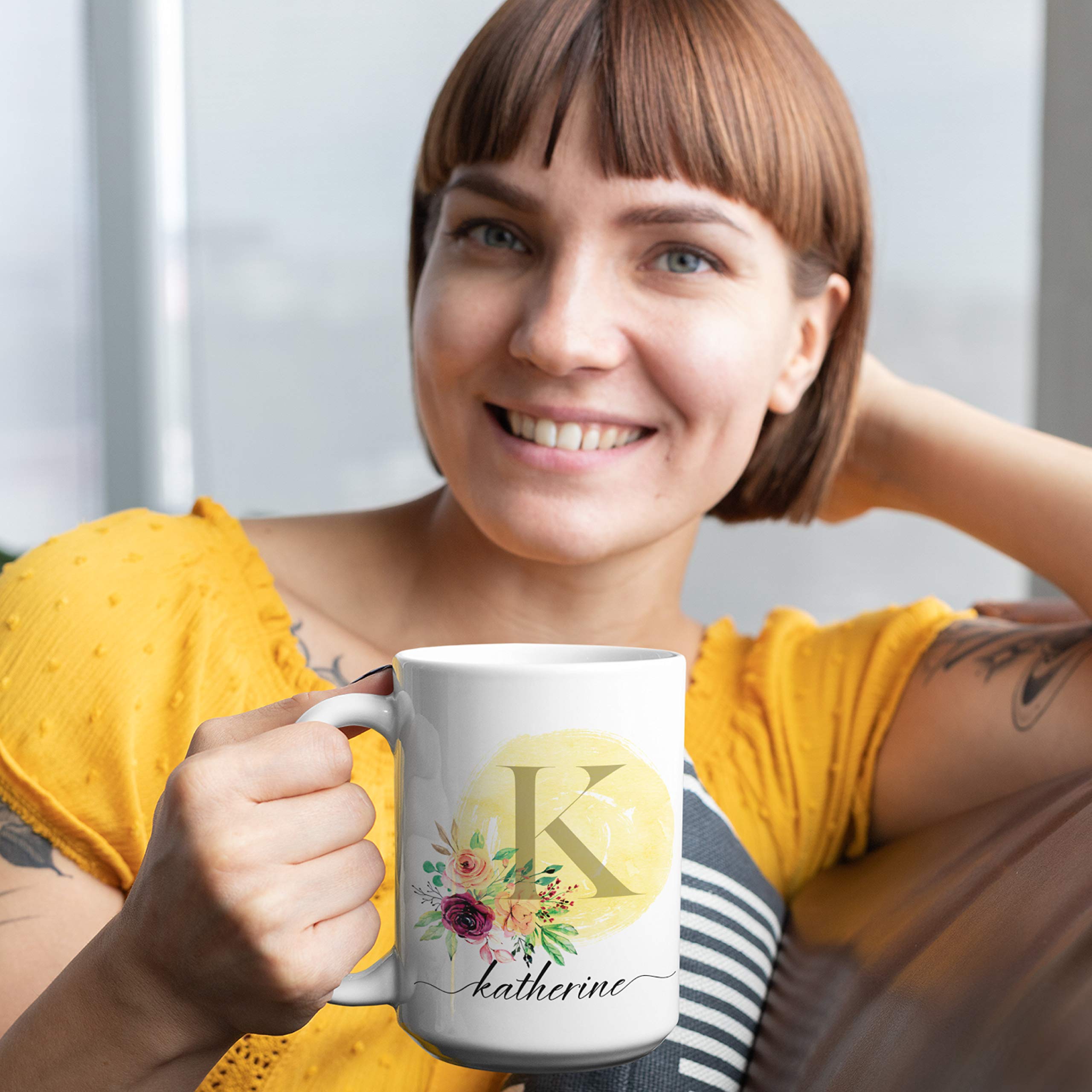 Personalized 15oz Ceramic Coffee Mug for Women - Custom Name & Initial Cup in 9 Colors - Unique Mother's Day Gift, Bridesmaid Present, Grandma Gift Idea - Perfect for Home, Office & Special Occasions