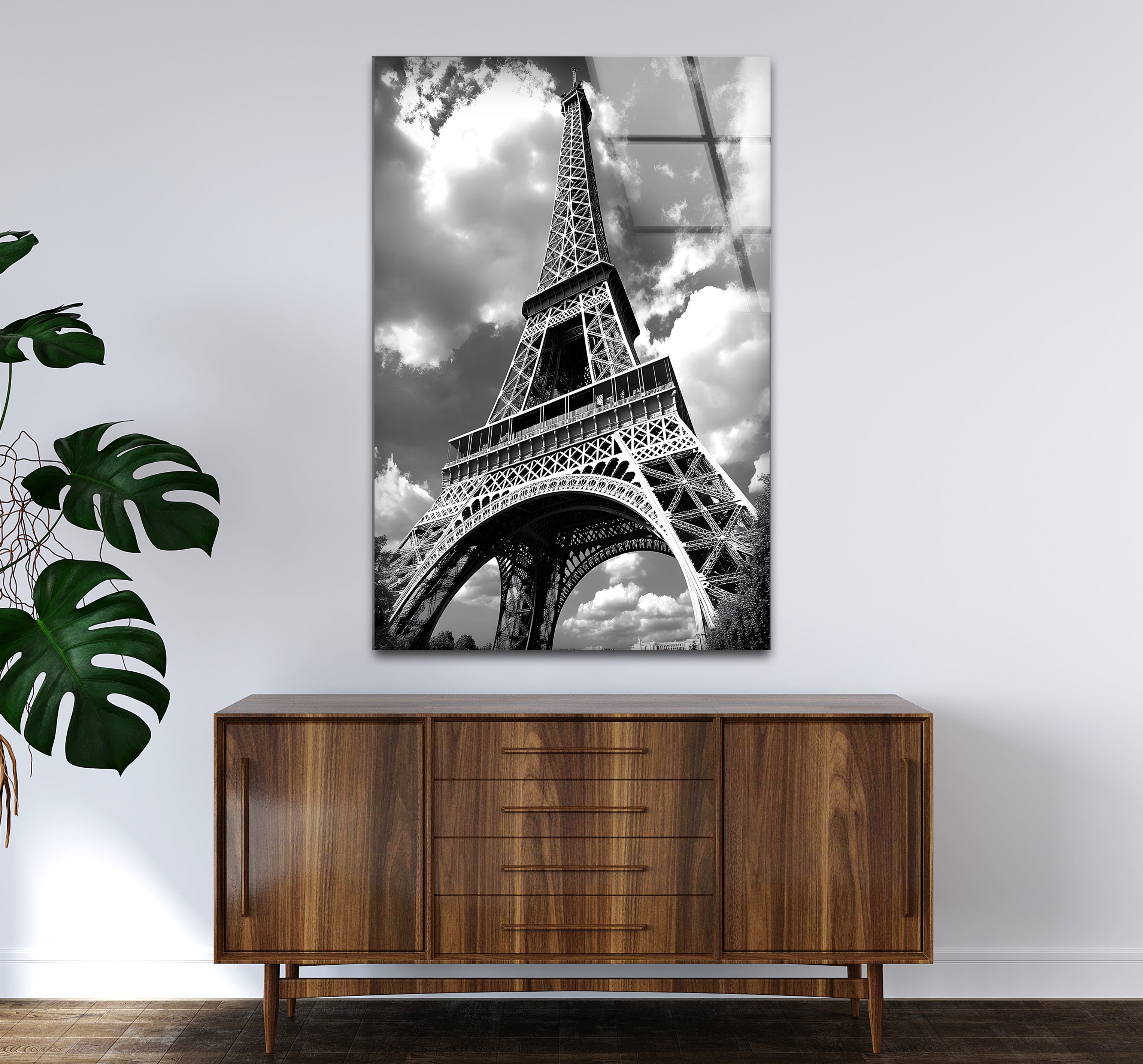 Black & White Eiffel Tower Glass Wall Art - Elegant Parisian Decor for Living Room, Bedroom & Office
