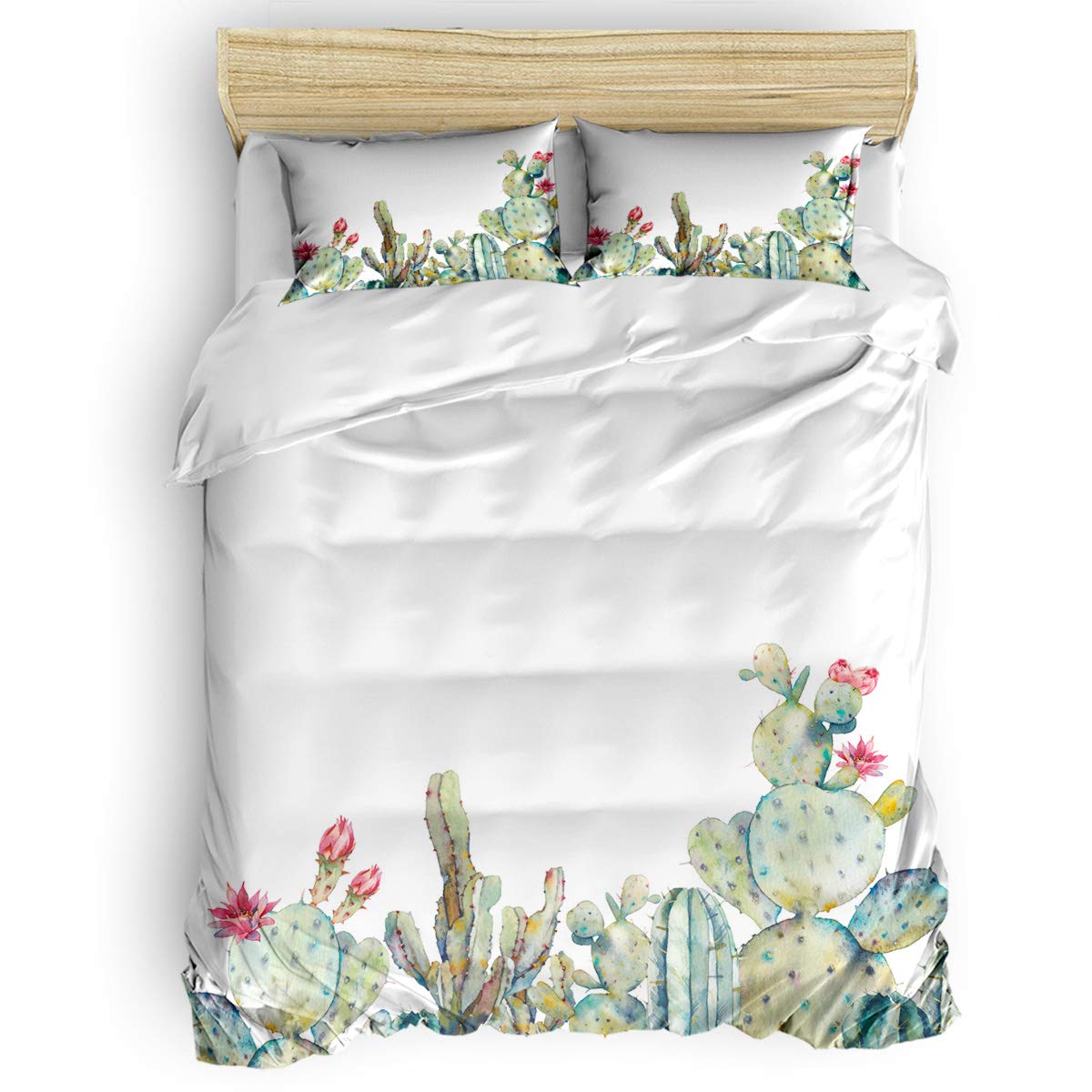 PartyShow 4-Piece California King Bedding Set - Watercolor Tropical Cactus Comforter Cover, Fitted Sheet & 2 Pillowcases for Girls, Boys, Kids Bedroom (White) | Soft & Breathable Bed Sheets for Cozy Sleep, Guest Room & Tropical Themed Decor