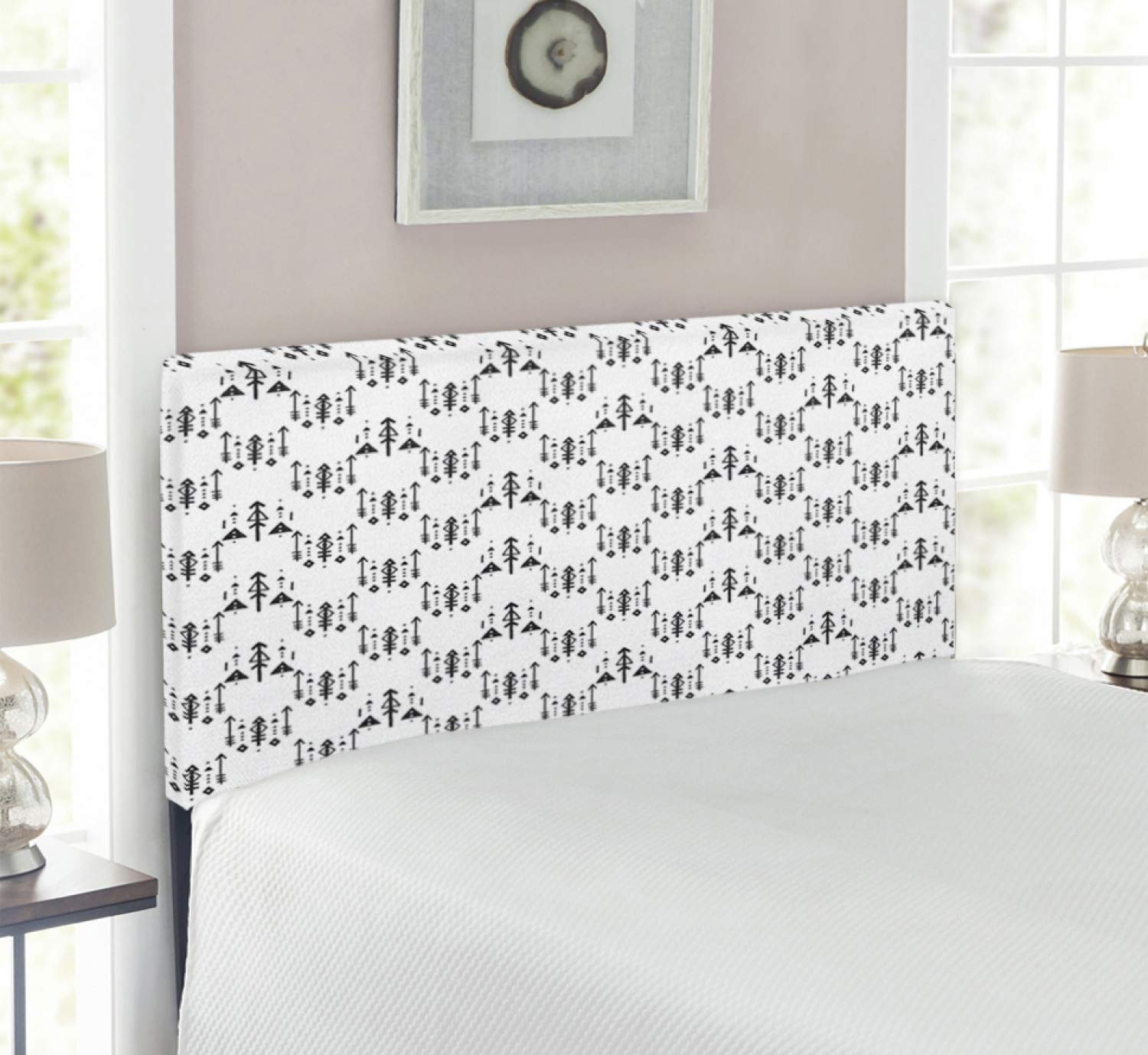 Ambesonne Tribal Headboard - Arrow with Feathers Print Abstract Boho Monochrome Design - Upholstered Decorative Metal Bed Frame with Memory Foam - Twin Size Charcoal Grey - Perfect for Bohemian Bedroom Decor & Guest Room Styling