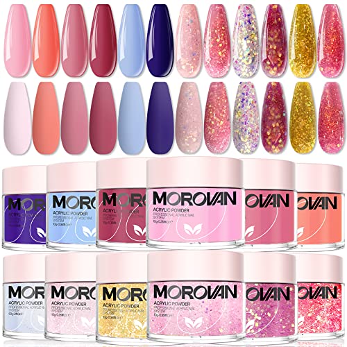 Morovan 12 Colors Acrylic Nail Powder Set - Professional Polymer Powder for Nail Extensions & Carving | Pure & Glitter Shades | Perfect for Salon, DIY Manicures & Nail Art Designs