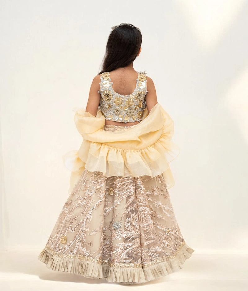Pre Order: Golden Embroidery Lehenga with 3D Flowers Choli - Indian Bridal Wear for Weddings, Festivals & Special Occasions