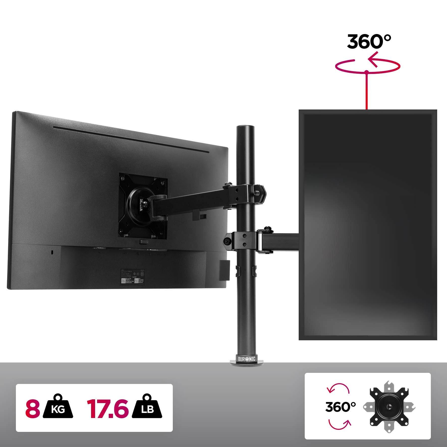 Duronic DM151X1 Single Monitor Arm - Adjustable Height Stand & Desk Mount for 13-32