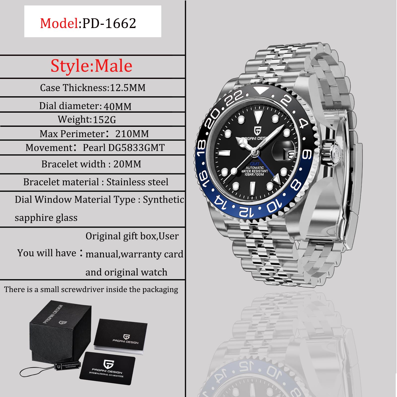 BENYAR Pagani Design Men's Automatic GMT Watch - Sapphire Crystal, Stainless Steel, 100M Waterproof Business Chronograph Wristwatch PD-1662 - Perfect for Office, Travel & Formal Occasions