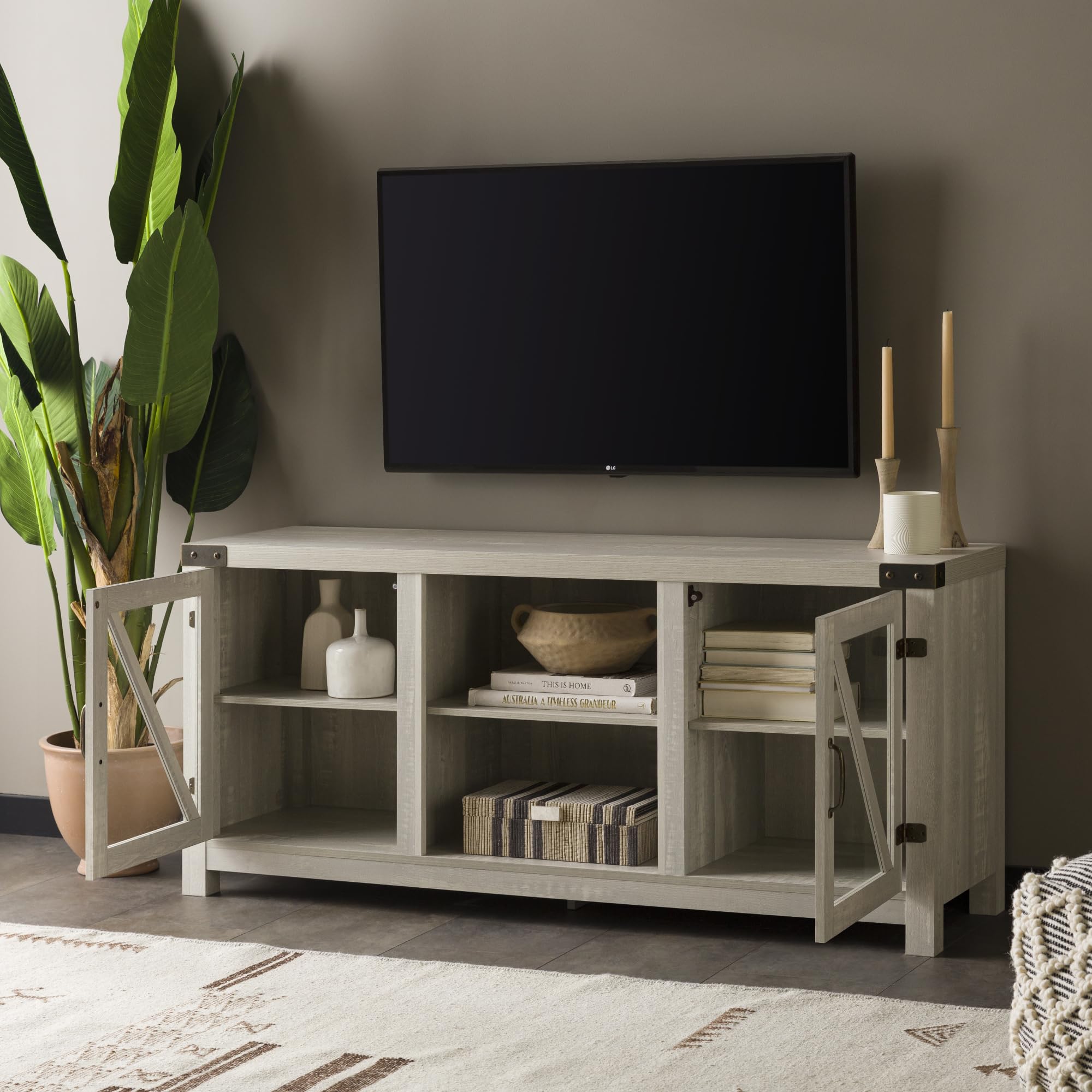 Walker Edison Wesley Modern Farmhouse 65 Inch TV Stand with Glass Doors - Rustic Stone Grey Entertainment Center for Living Room, Bedroom & Home Theater