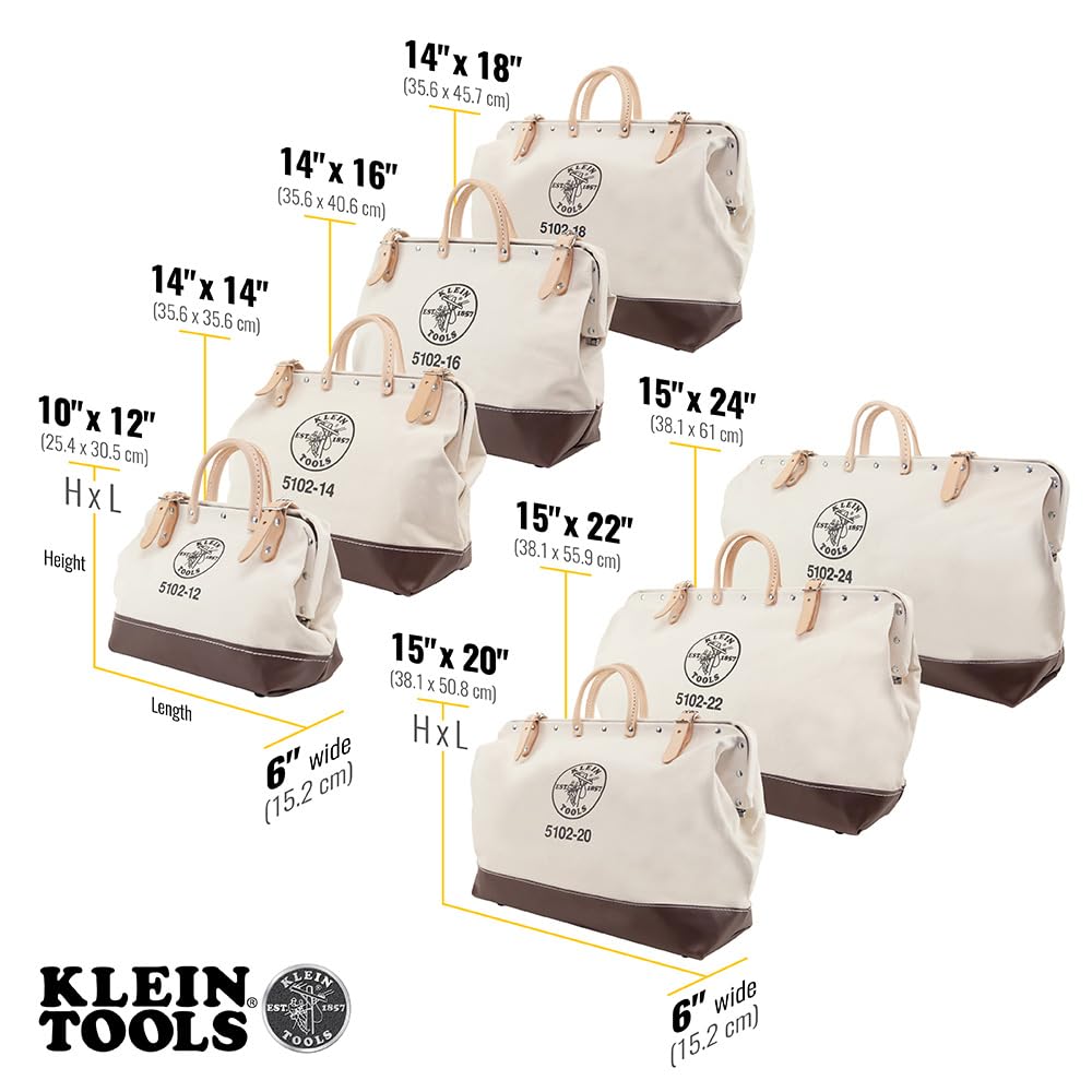 **Klein Tools 5102-12 Heavy Duty Natural Canvas Tool Bag – Durable Multi-Purpose Tool Tote with Wide Hinged Opening & Leather Handles (12-Inch) – Perfect for Electricians, Contractors & DIY Projects**