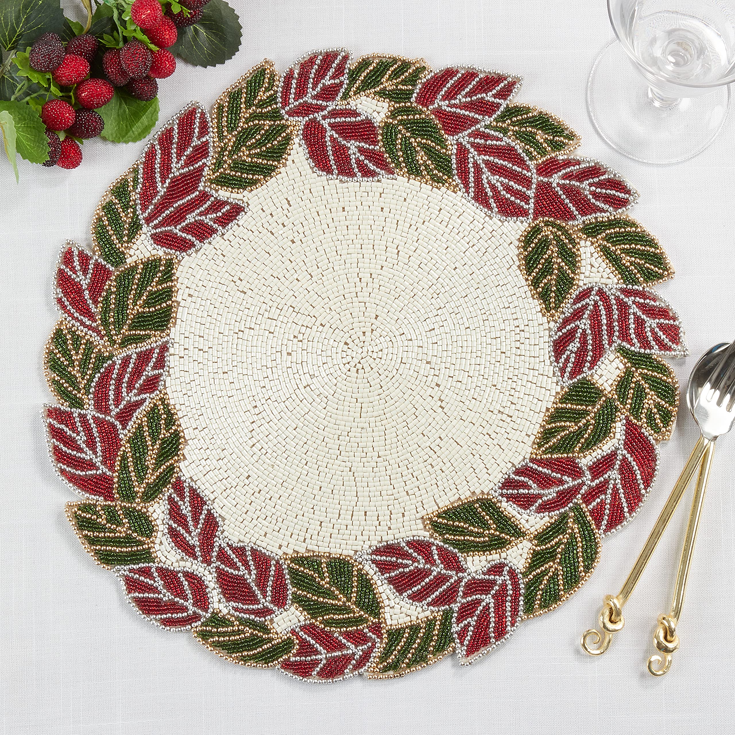 Beaded Leaves Placemats Set of 4 - Handwoven Bohemian Table Mats for Dining Room Decor, Wedding, Thanksgiving & Holiday Dinner Parties