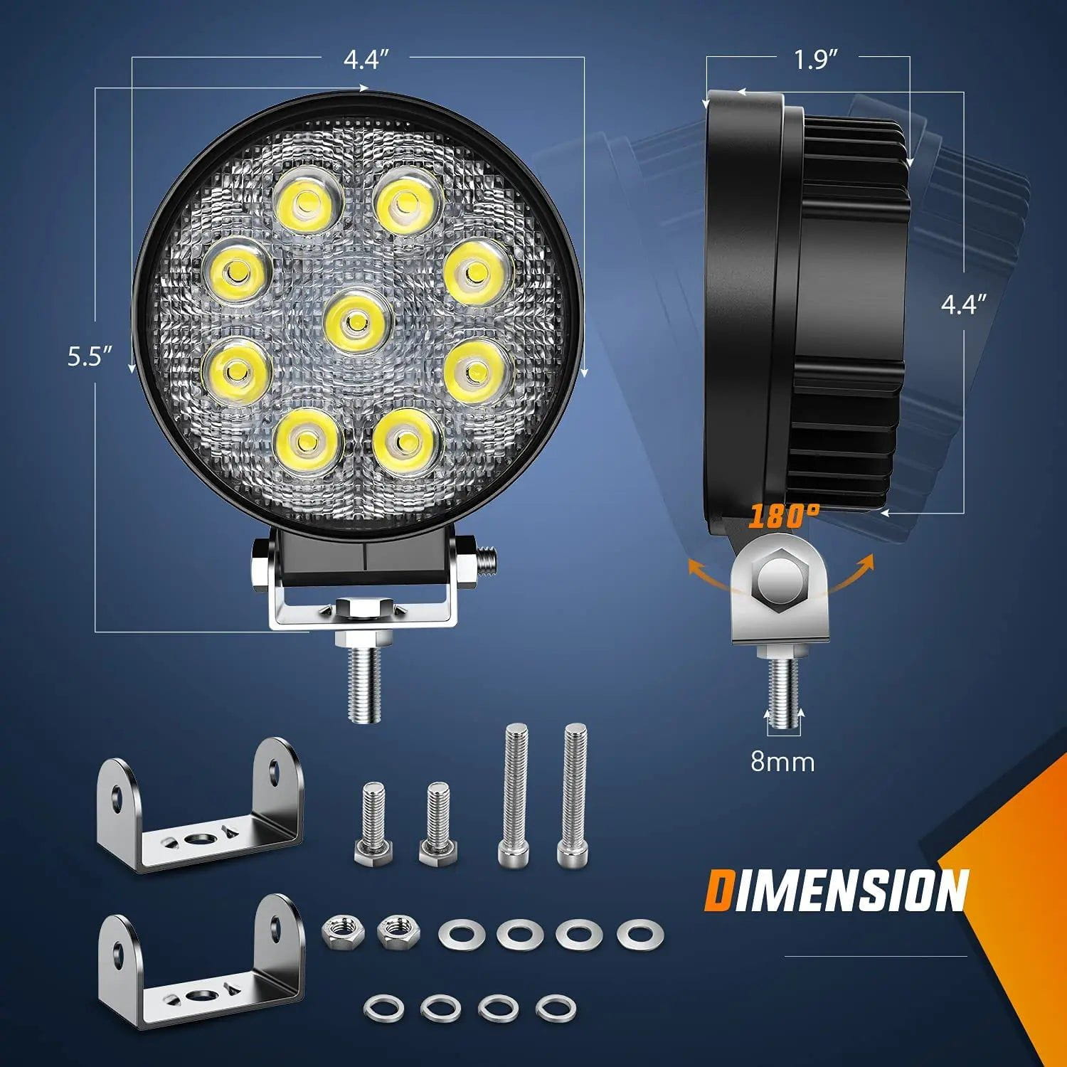 4.5 Inch 27W Round Flood LED Work Lights (2 Pack) - Waterproof Off-Road Lighting for Trucks, ATVs, Boats & Outdoor Worksites