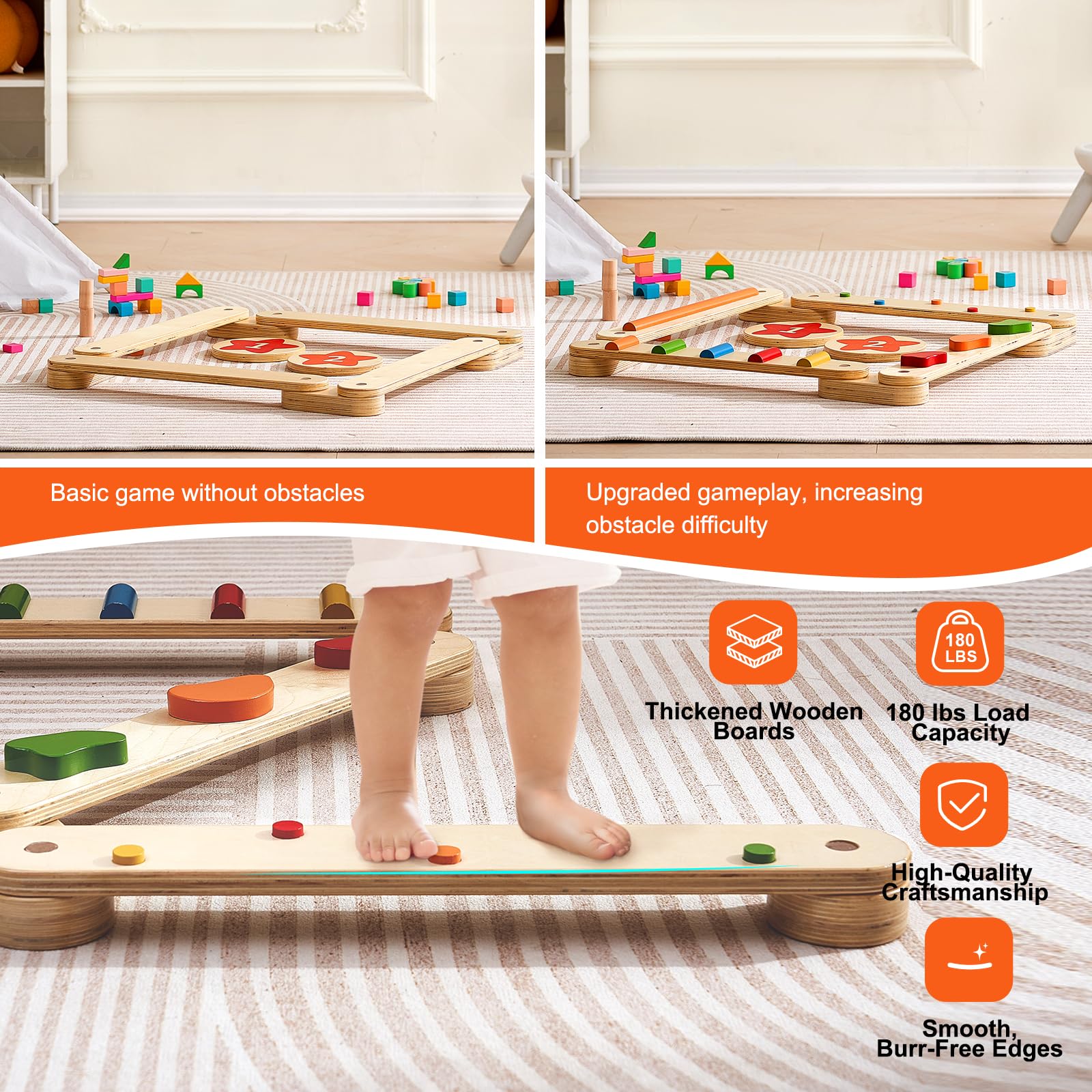 VEVOR Wooden Balance Beam Stepping Stones - 6 PCS Montessori Toys for Toddlers Age 2-6 | Improve Coordination & Gross Motor Skills | Indoor/Outdoor Gymnastics Obstacle Course for Boys & Girls | Perfect for Playrooms, Backyards & Preschool Activities