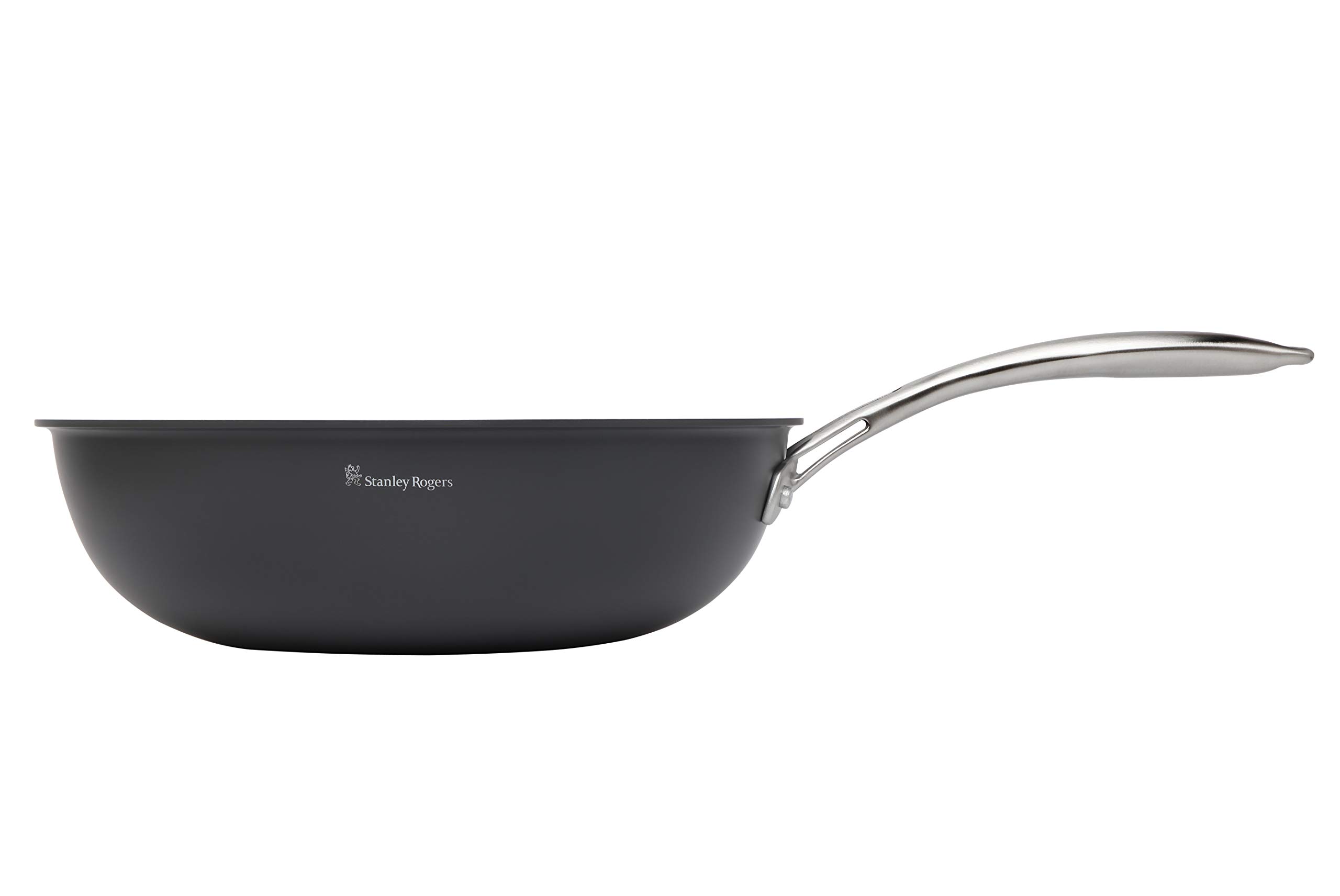 Stanley Rogers Professional 12-Inch Induction Compatible Wok Pan - Heavy Duty Stainless Steel Stir Fry Pan with Cool-Touch Handle - Perfect for Asian Cooking, Sautéing & High Heat Stir Frying (Silver/Black)