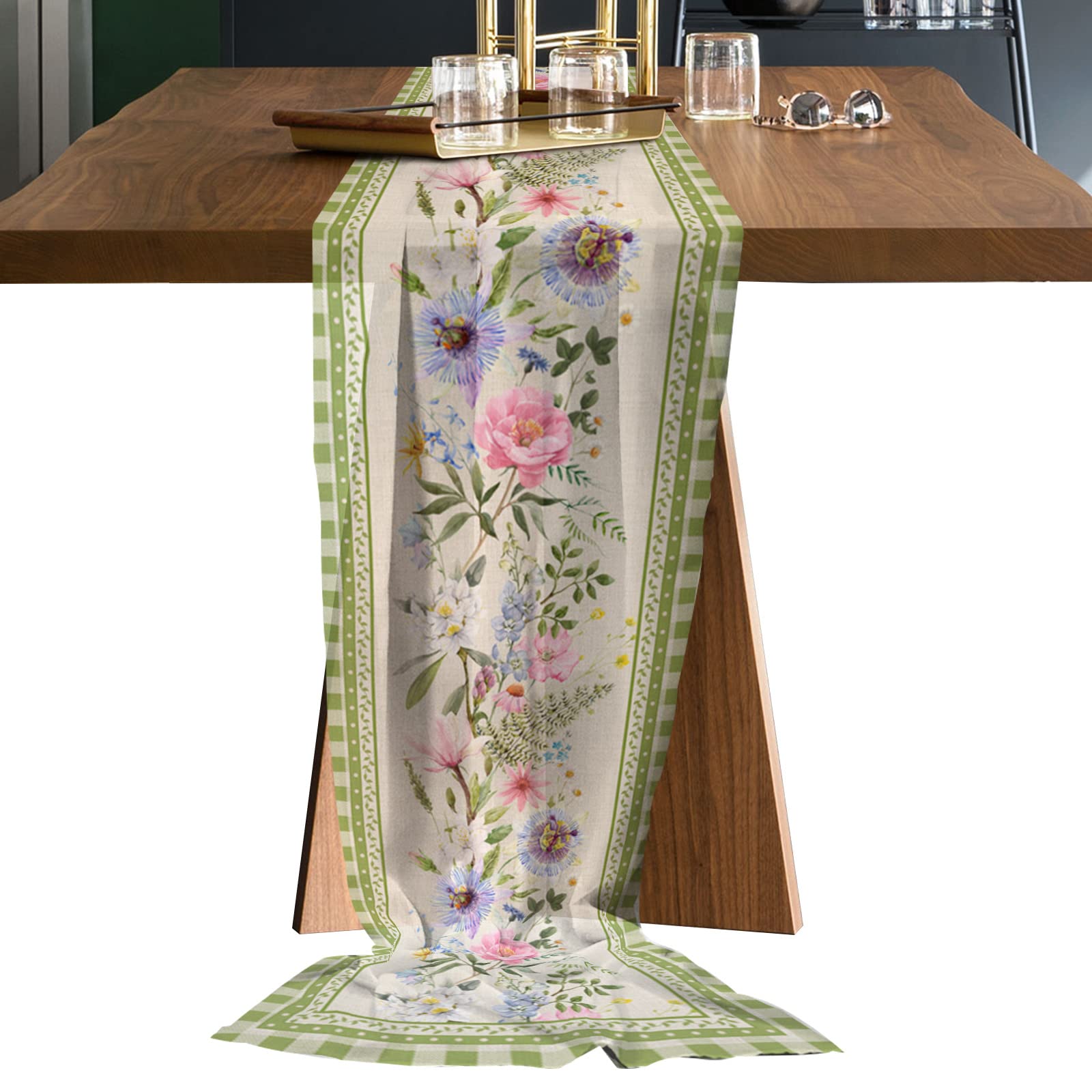 Sheer Chiffon Table Runner 27x120 Inch - Rustic Floral Buffalo Plaid Farmhouse Table Linens for Dining Room, Restaurant, Wedding Decor | Spring & Summer Home Decor, Party Table Setting, Buffet Dresser Scarf