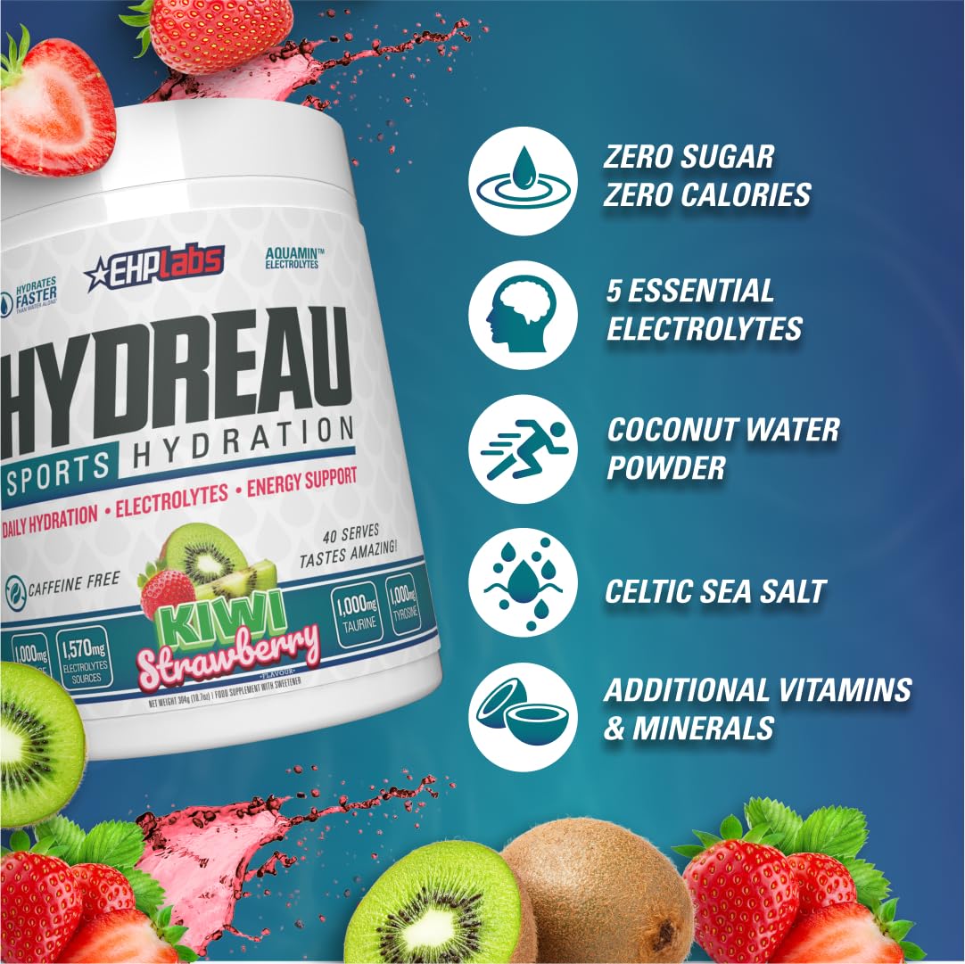 EHP Labs Hydreau Hydration Support Powder - 40 Servings | Electrolyte & Vitamin Supplement for Hydration & Recovery | Perfect for Workouts, Travel & Daily Hydration Needs