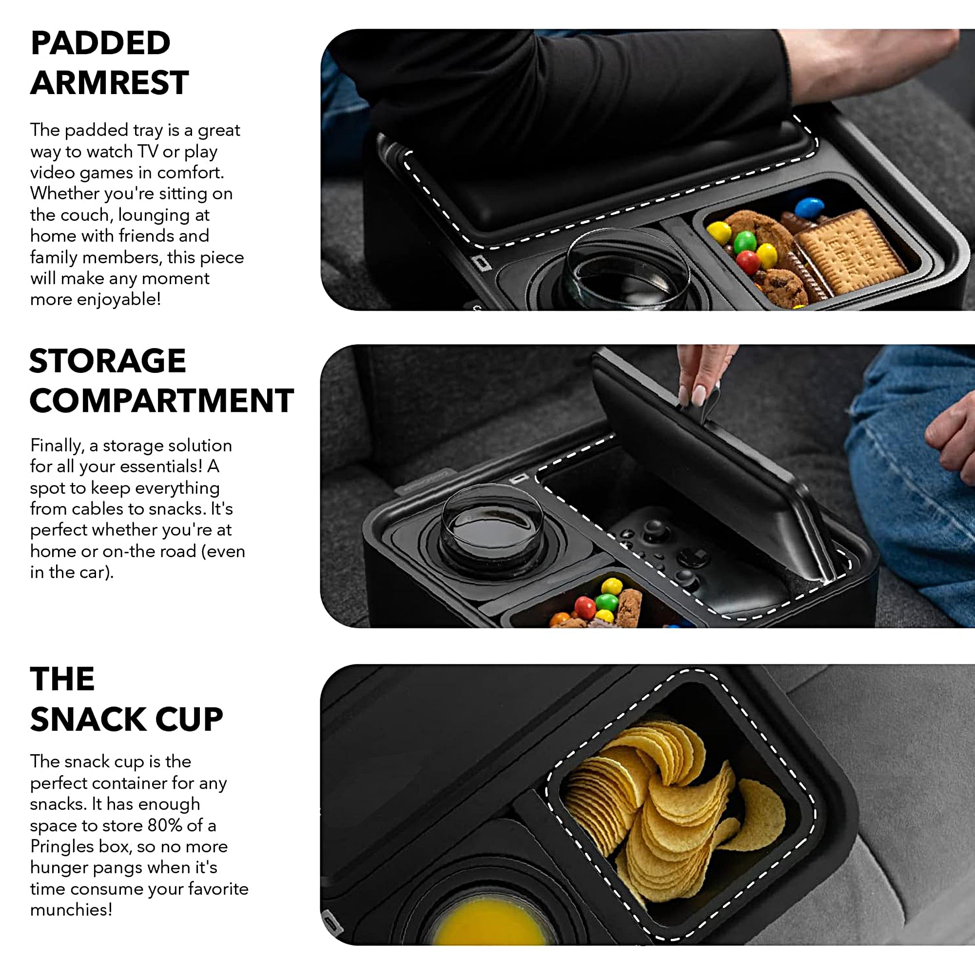 INSTA Tray - Adjustable Sofa Armrest Caddy with Cup Holder & Phone Stand for Drinks, Snacks & Remote Control - Perfect for Living Room, Bed, Couch Watching TV or Gaming