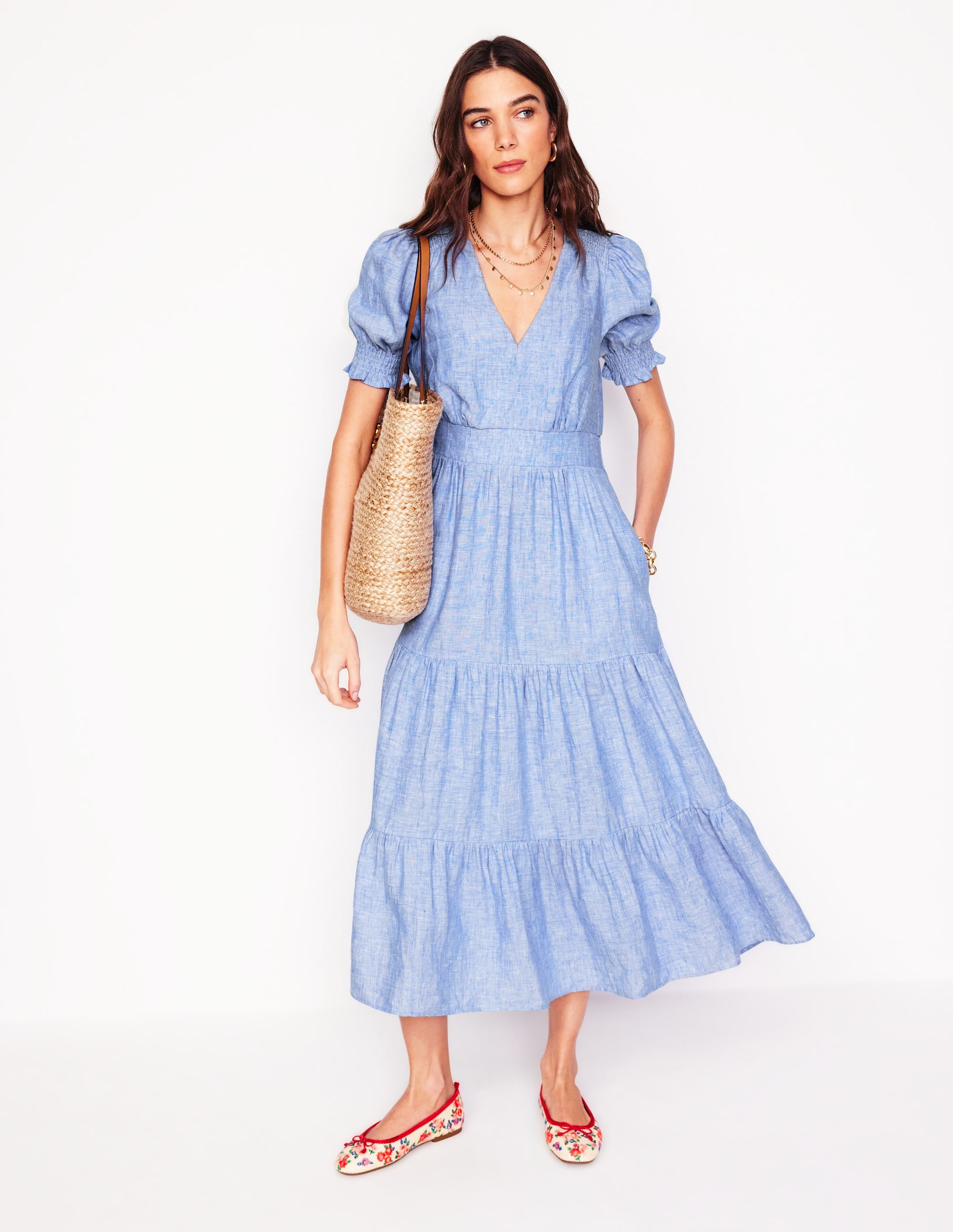 Anna Linen Tiered Midi Dress - Summer Blue Chambray Flowy Dress for Women | Perfect for Beach Vacations, Garden Parties & Casual Outings