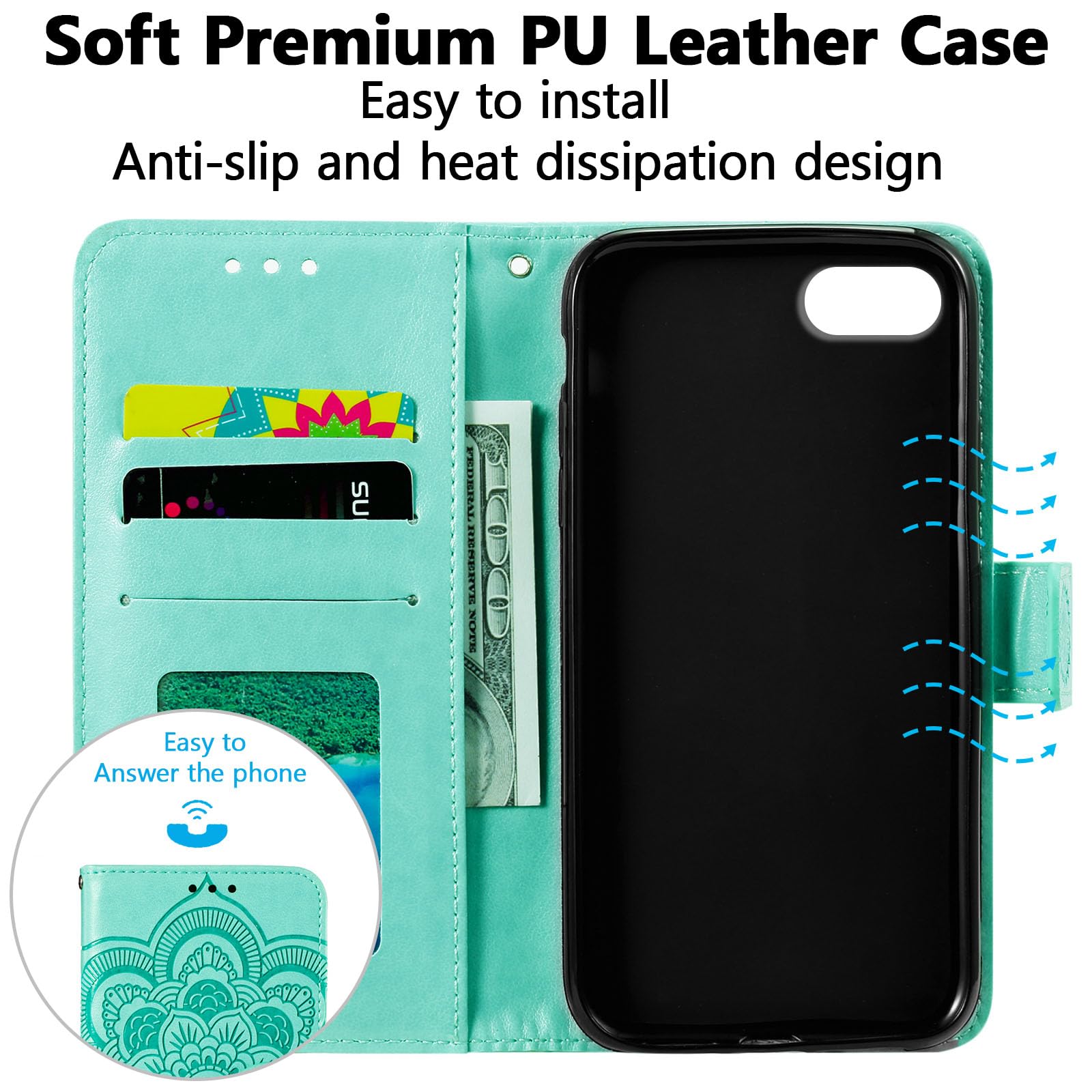 EYZUTAK Premium Leather Mandala Flip Wallet Case for iPhone SE (5G) 2022/iPhone 7/iPhone 8/iPhone SE 2020 - Ultra Slim Magnetic Stand Cover with Card Slots & Lanyard (Embossed Green) - Perfect for Travel, Work & Everyday Protection