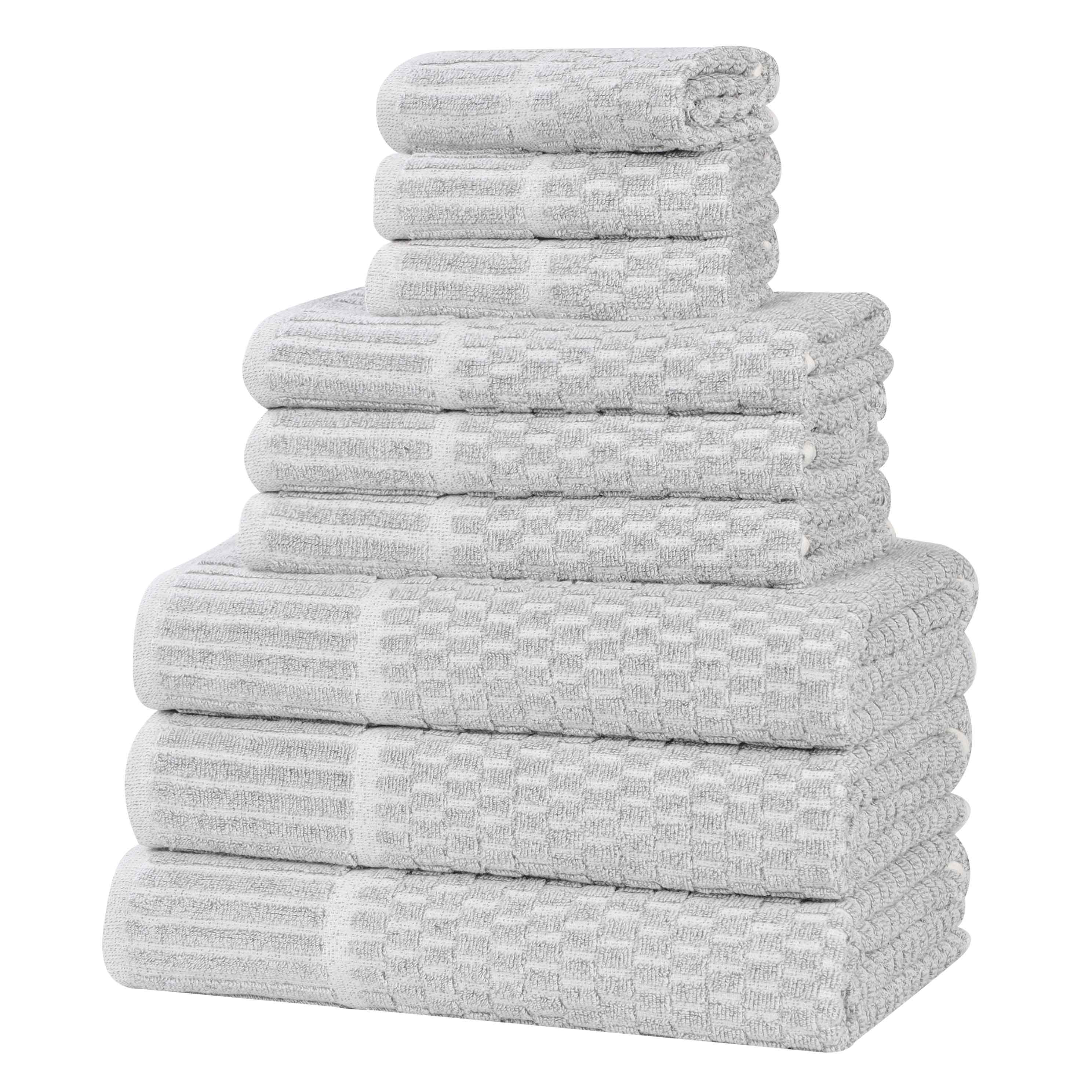 Premium 9-Piece Cotton Blend Checkered Border Towel Set - Medium Weight, Soft & Absorbent for Bathroom, Spa, and Guest Use