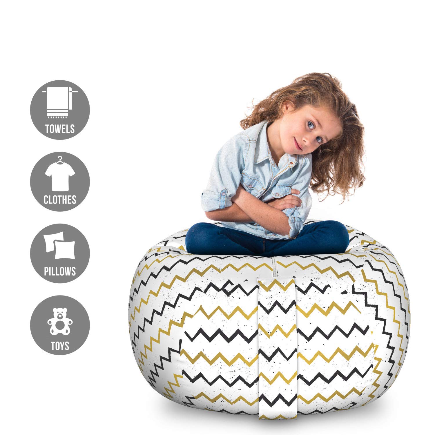 Ambesonne Abstract Toy Storage Bag Chair - Large Washable Organizer for Stuffed Animals - Chevron Zigzag Grunge Design in Coffee Charcoal Grey | Perfect for Kids' Room, Playroom & Nursery Organization