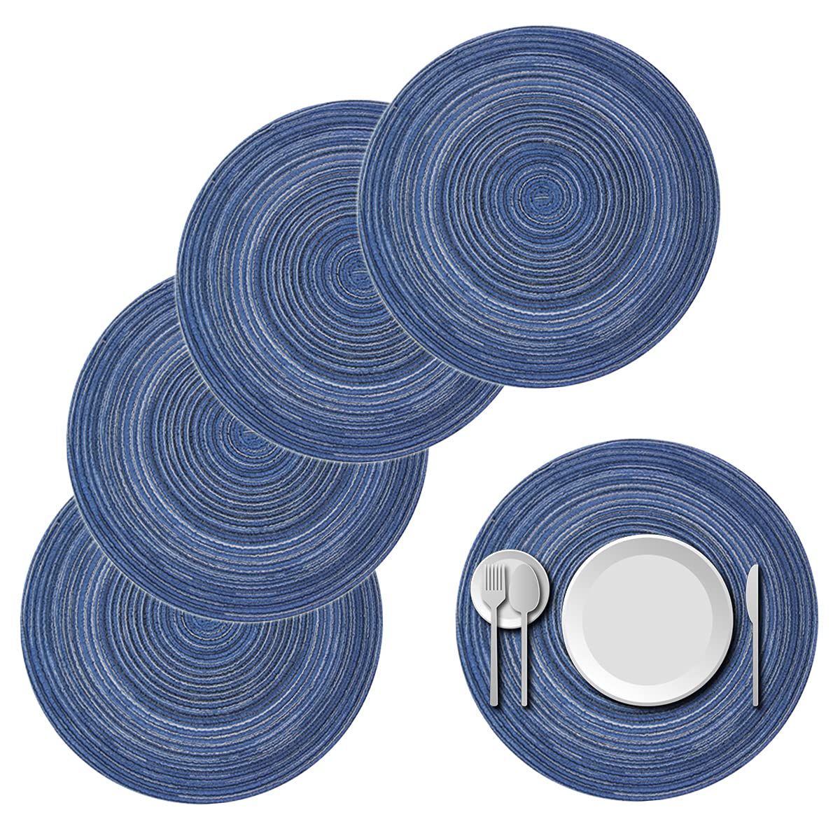 Premium Round Woven Placemats Set of 4 - 15 Inch Elegant Table Mats for Indoor/Outdoor Dining - Washable & Durable Home Decor (Blue) - Perfect for Dinner Parties, BBQs, and Holiday Gatherings