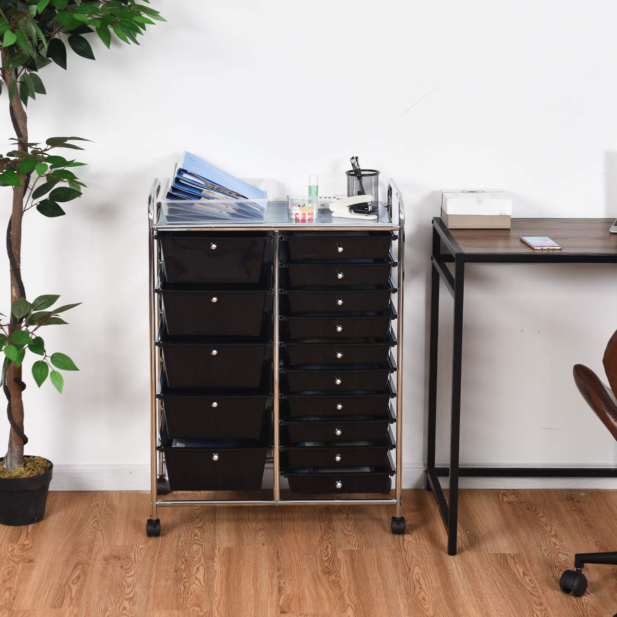 15-Tier Rolling Storage Cart with 4 Wheels - Moccha Drawer Organizer for Cosmetics, Office Supplies & Files - Perfect for Home, Studio & Office Organization - Black Storage Solution for Small Spaces