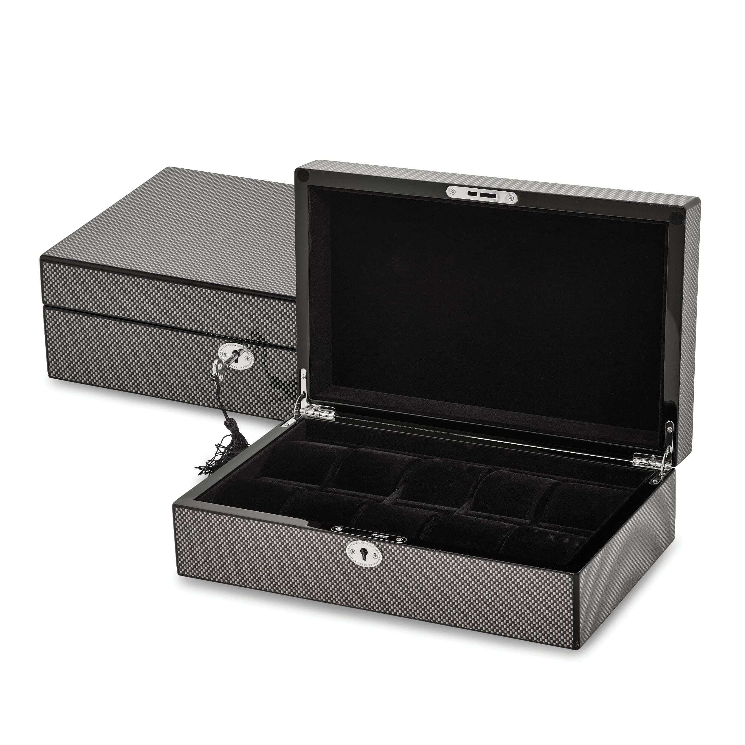 Premium High Gloss Black Carbon Fiber Watch Case - Holds 10 Watches | Luxury Watch Storage & Display Box for Collectors | Perfect for Home, Office & Travel Organization