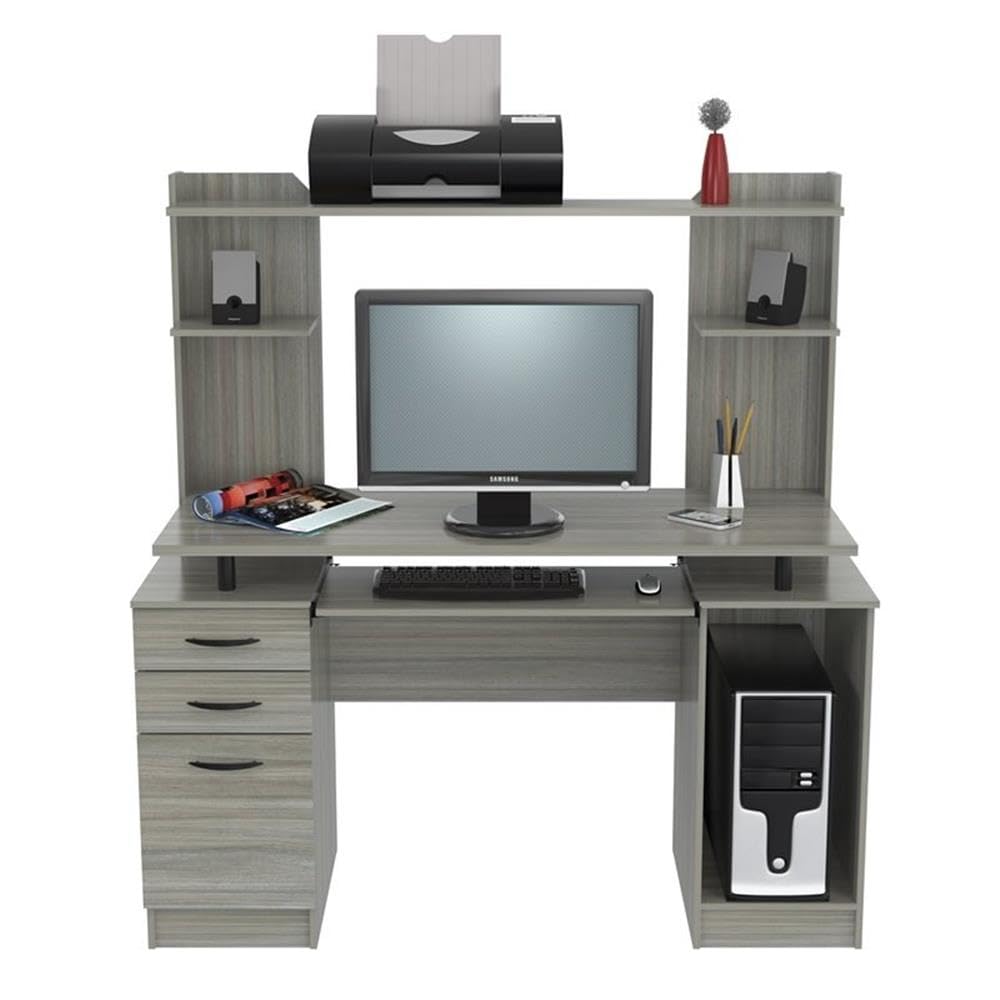 Modern Wooden Computer Desk with Hutch - Smoke Oak Finish for Home Office, Study & Workspace | Pemberly Row Contemporary Work Center
