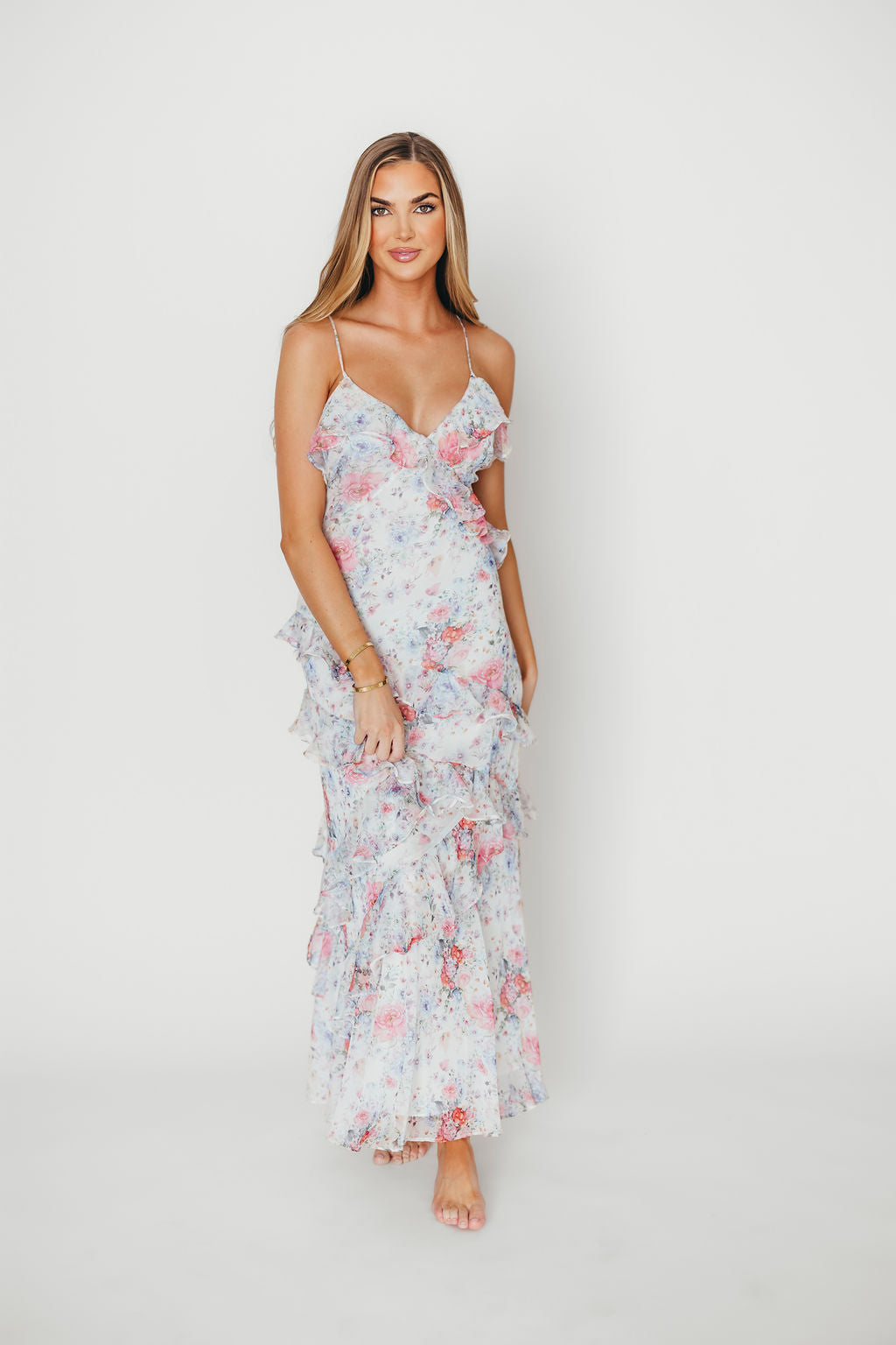 Amelia Ruffle Maxi Dress - White & Multi Floral Print Summer Beach Dress for Women | Boho Chic Wedding Guest Dress & Vacation Outfit
