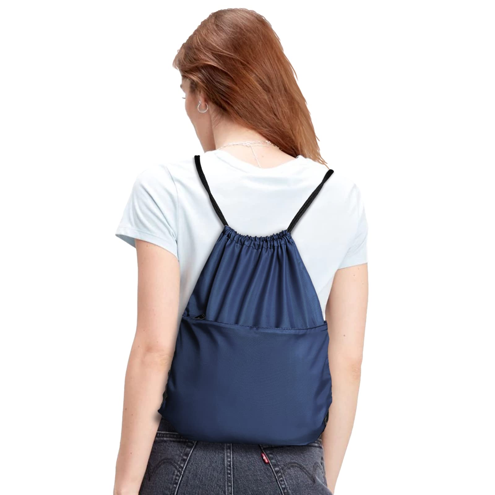 210D Nylon Foldable Drawstring Backpack with Zipper Side Pocket - Lightweight Sports Gym Tote Bag for Men & Women (Navy Blue) - Perfect for Workouts, Travel, and Everyday Use
